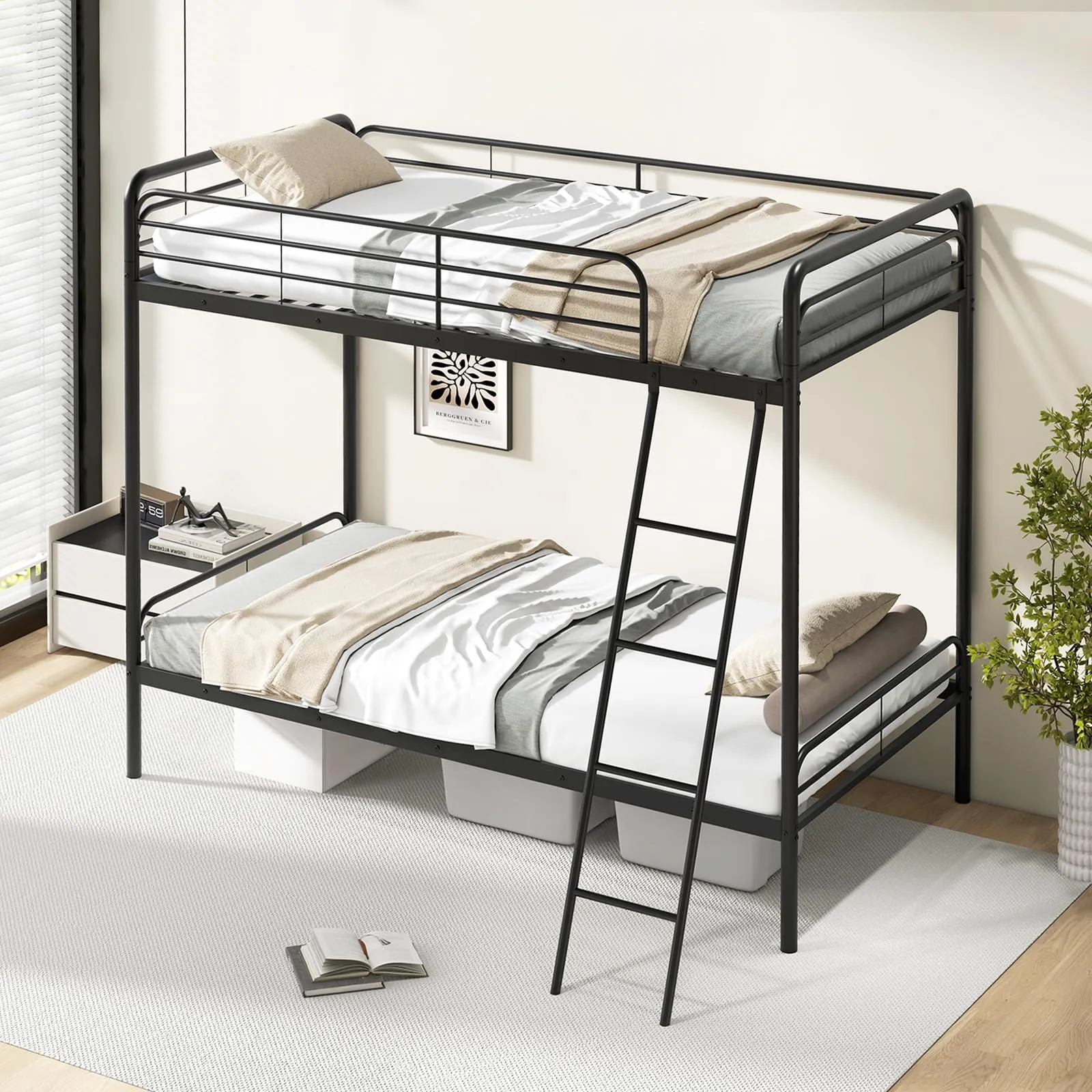 Giantex Metal Bunk Bed Twin Over Twin, Heavy Duty Twin Bunk Beds with Inclined Ladder & Safety Guardrails