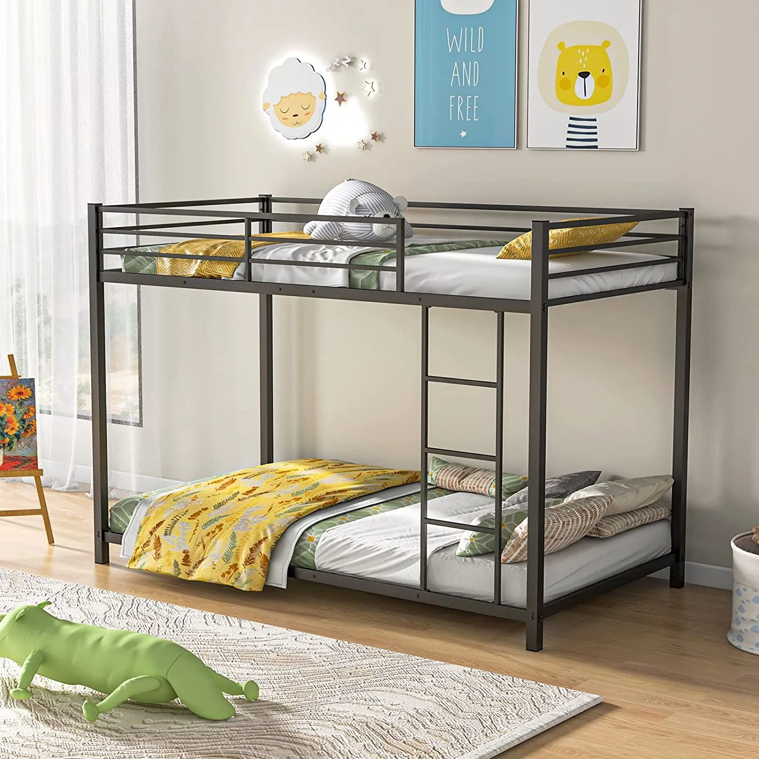 Giantex Metal Bunk Bed Twin Over Twin, Low Profile Bunk Bed Frame with Ladder & Full Length Guardrail