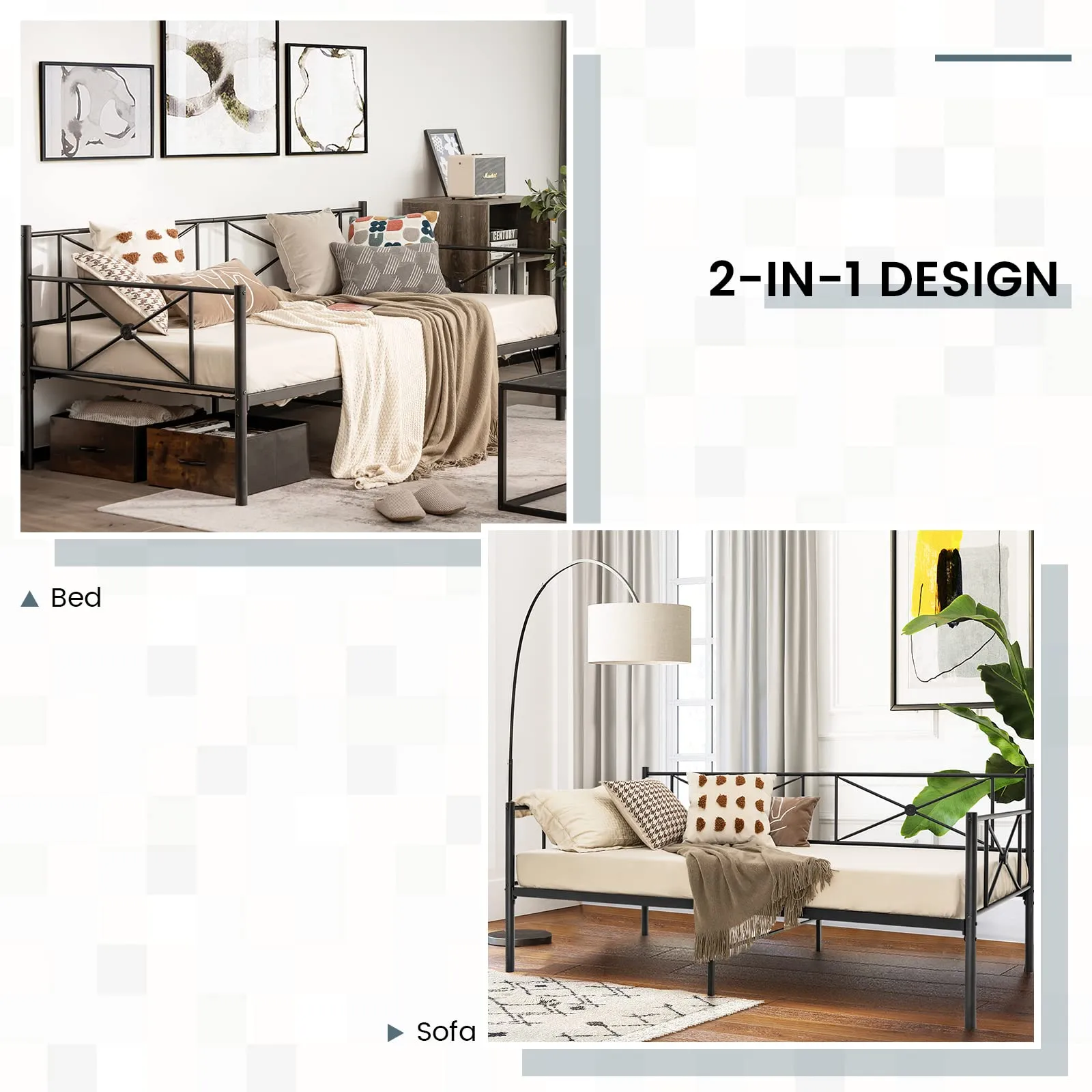 Giantex Metal Daybed Frame Twin Size, for Living Room Bedroom Guest Room, Easy Assembly, Black & White