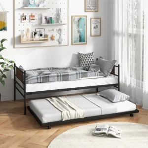 Giantex Metal Daybed with Trundle, Twin Size Day Bed with Wood Grain Headboard & Metal Slat Support bed frame, queen bed