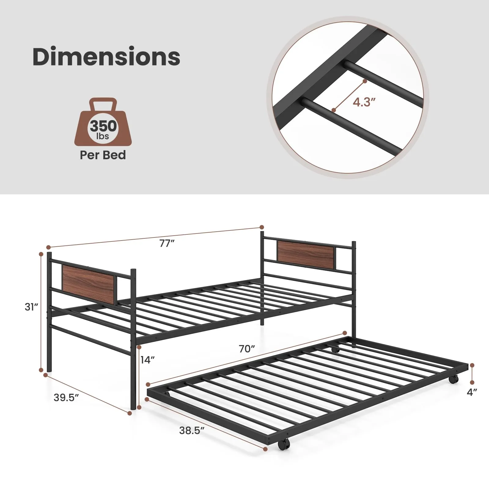 Giantex Metal Daybed with Trundle, Twin Size Day Bed with Wood Grain Headboard & Metal Slat Support