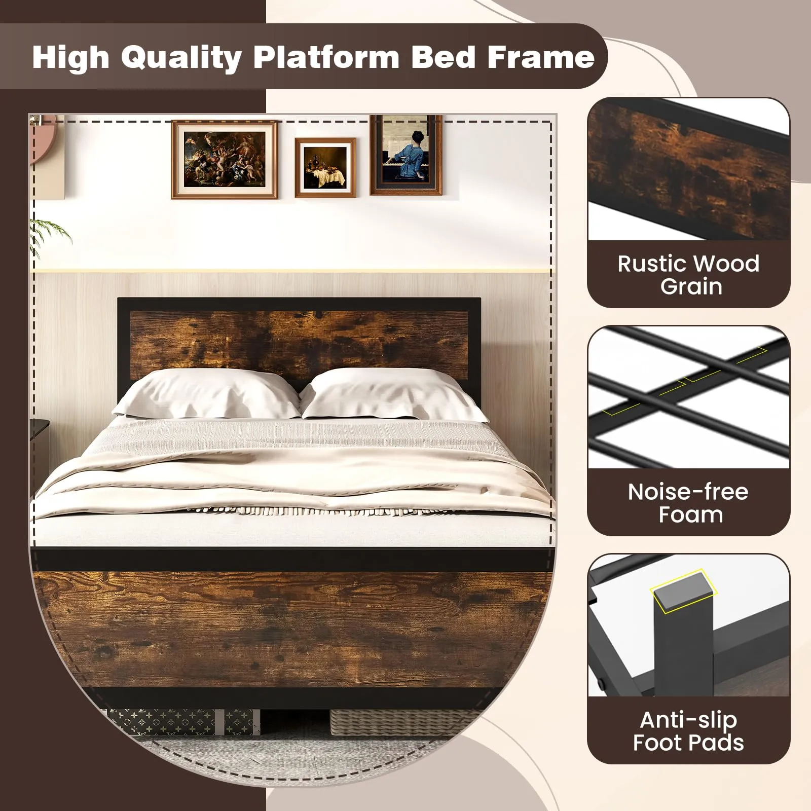 Giantex Metal Full Size Platform Bed Frame with Wood Headboard and Footboard