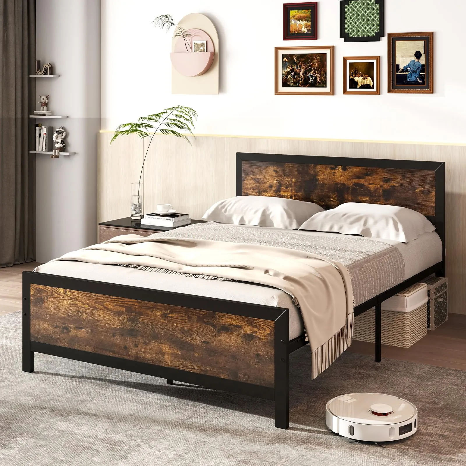 Giantex Metal Full Size Platform Bed Frame with Wood Headboard and Footboard