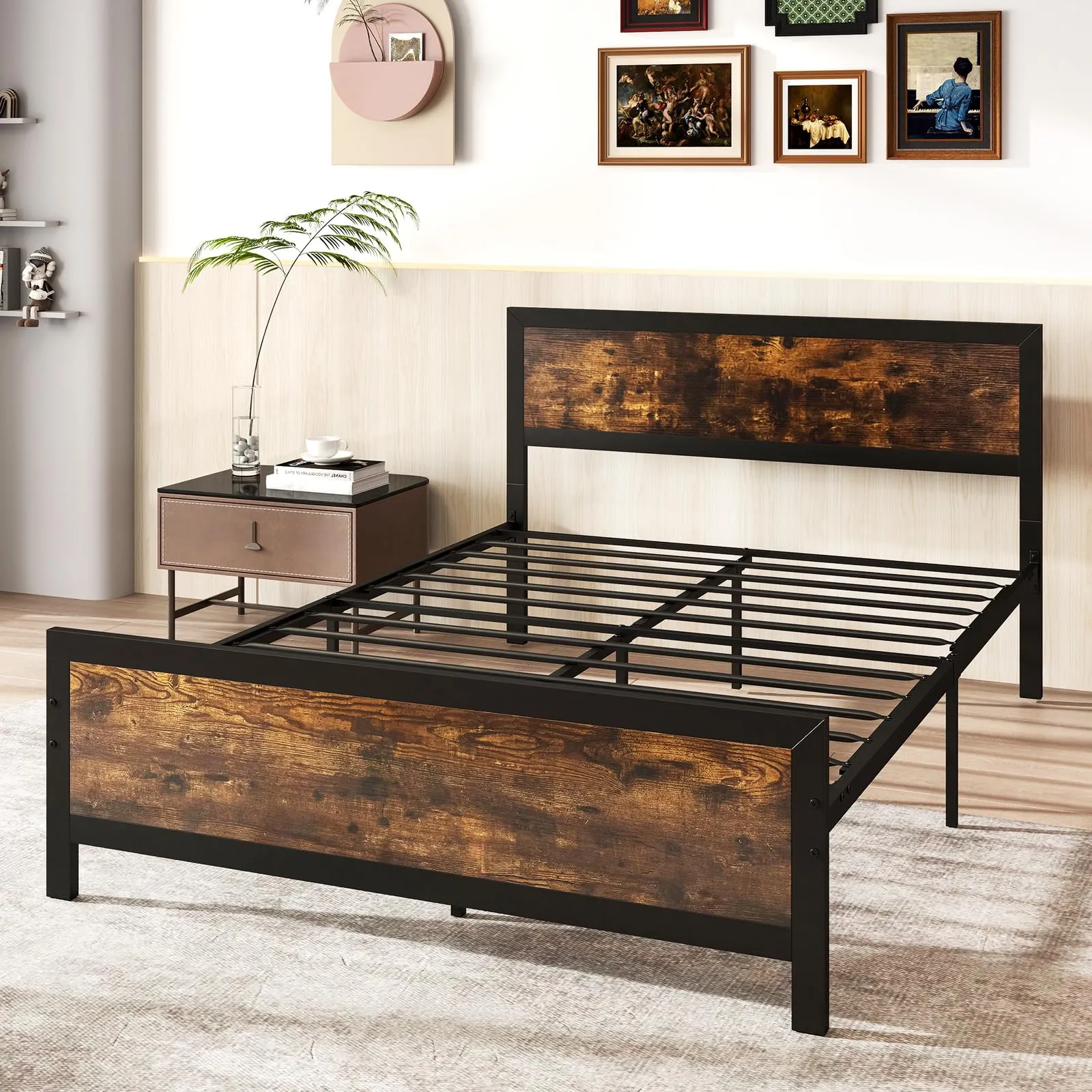 Giantex Metal Full Size Platform Bed Frame with Wood Headboard and Footboard