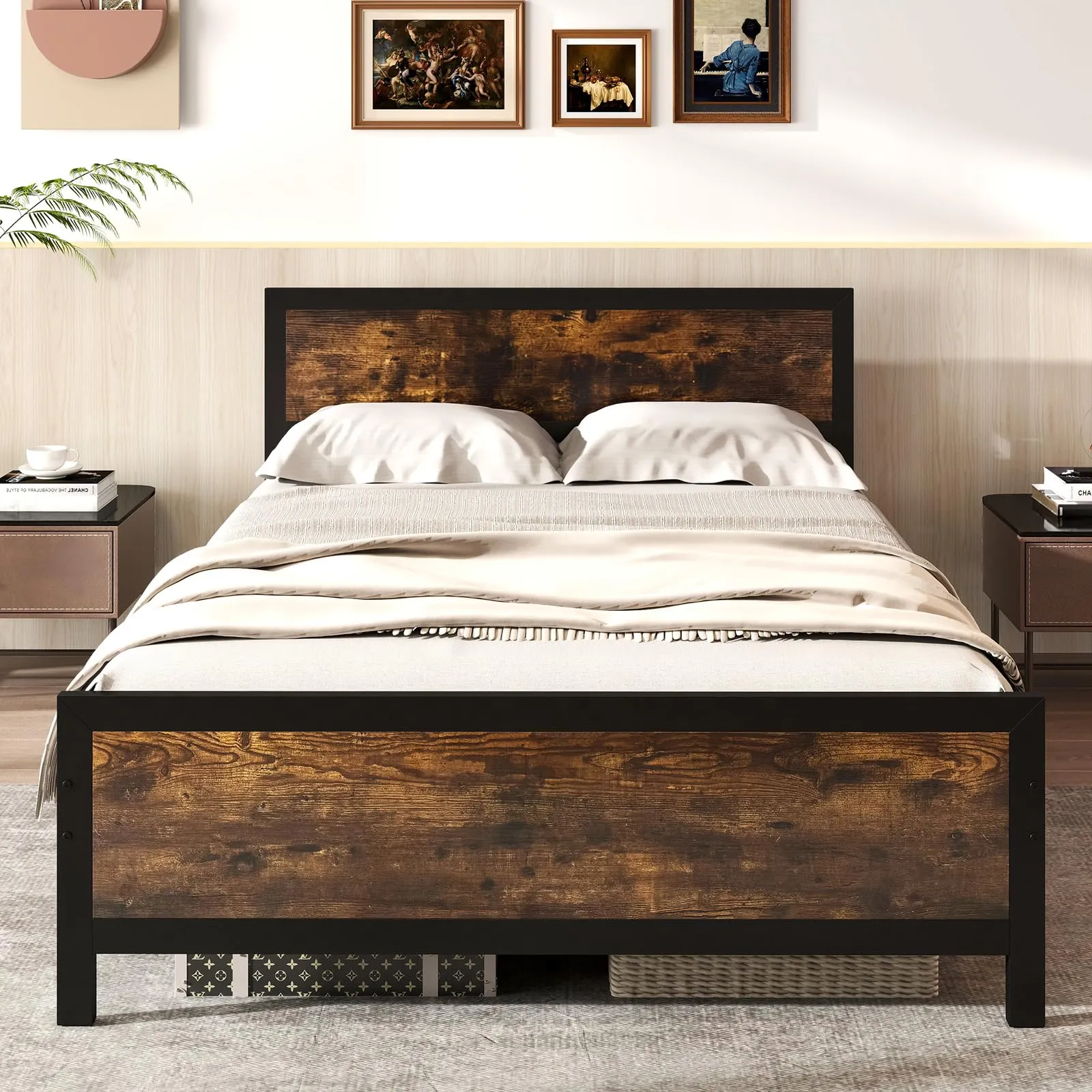 Giantex Metal Full Size Platform Bed Frame with Wood Headboard and Footboard bed frame, queen bed