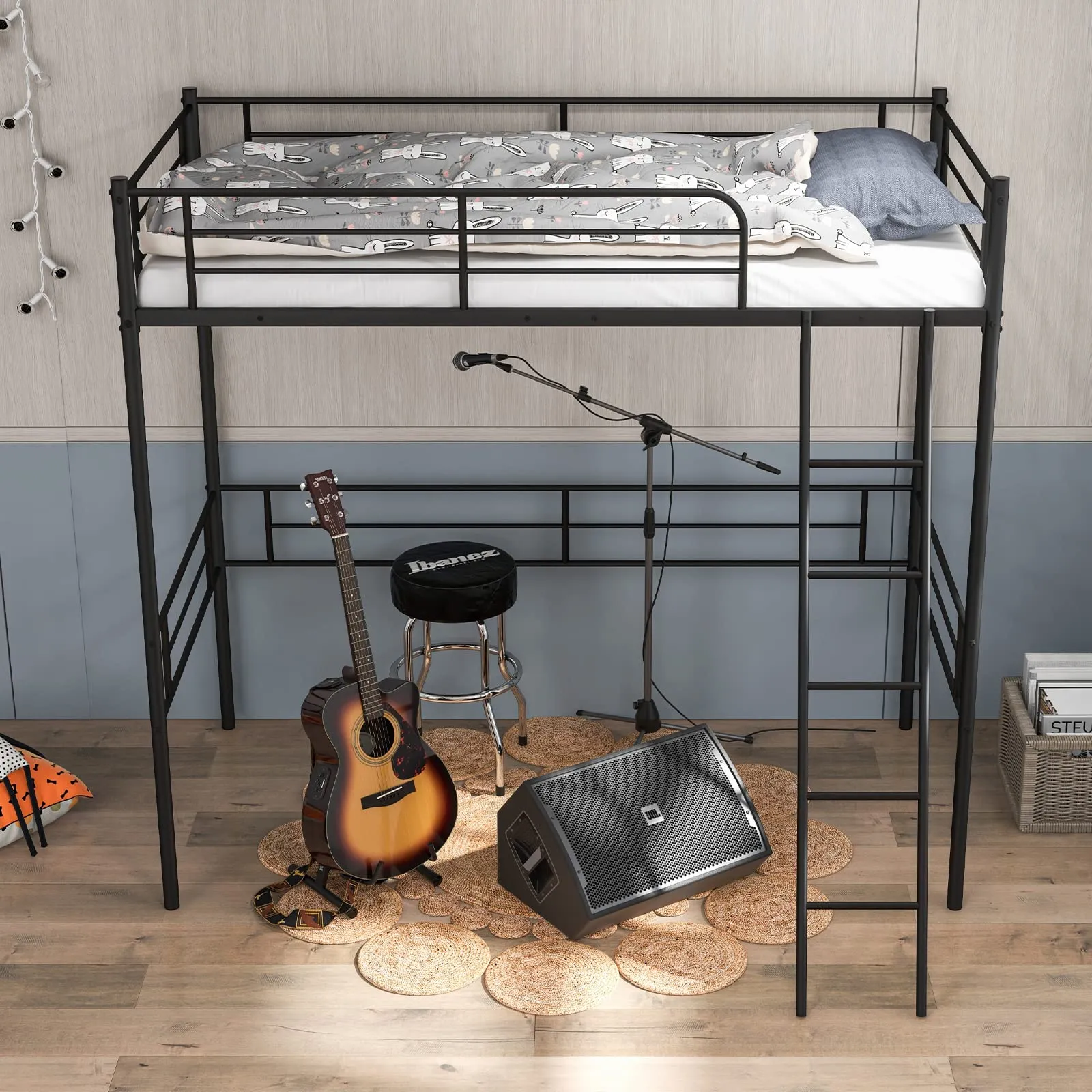 Giantex Metal Loft Bed Twin Size for Juniors & Adults, Loft Bed Frame with Ladder & Safety Guardrail (Black)