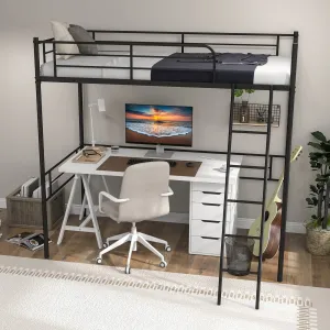 Giantex Metal Loft Bed Twin Size for Juniors & Adults, Loft Bed Frame with Ladder & Safety Guardrail (Black) bed frame, queen bed