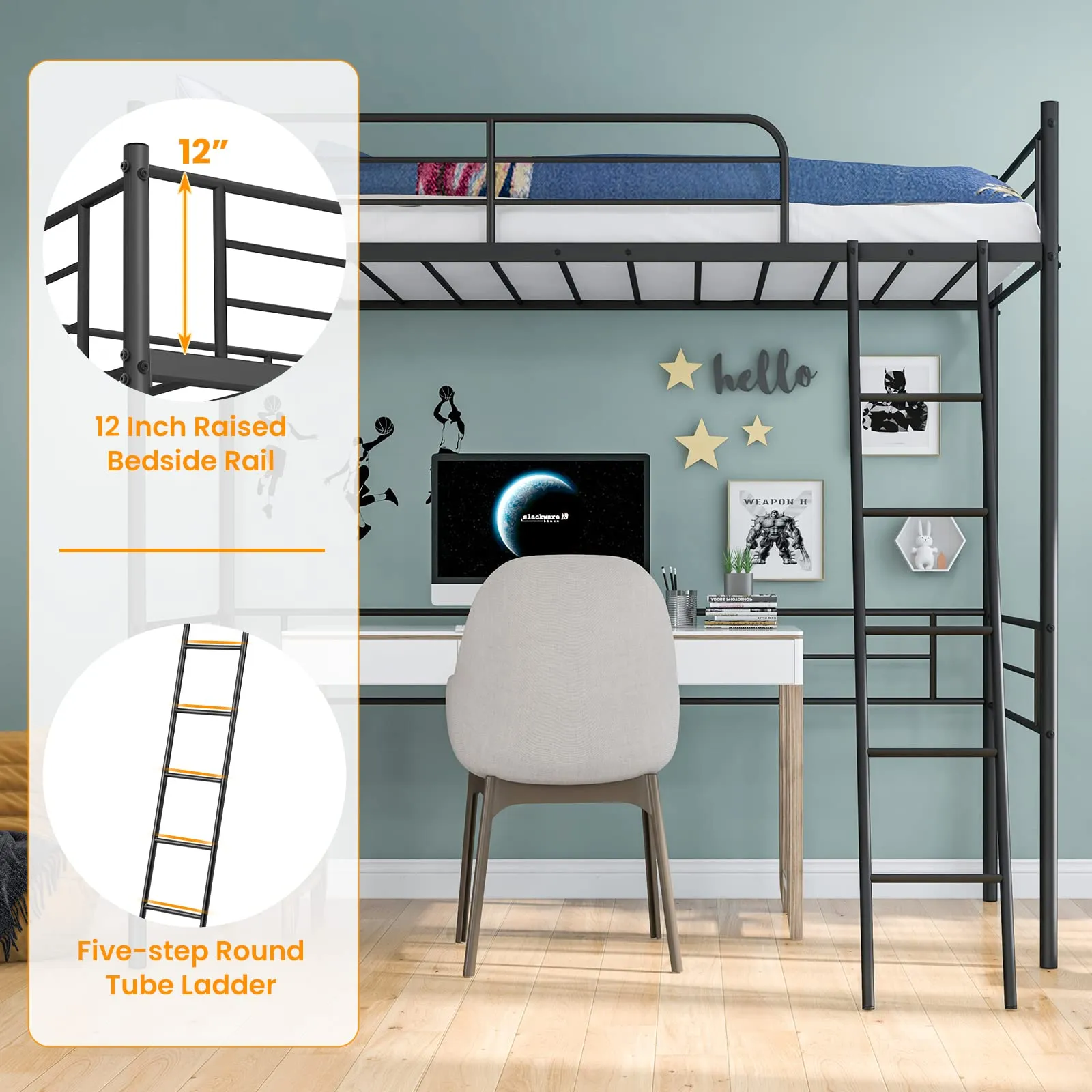 Giantex Metal Loft Bed Twin Size for Juniors & Adults, Loft Bed Frame with Ladder & Safety Guardrail (Black)