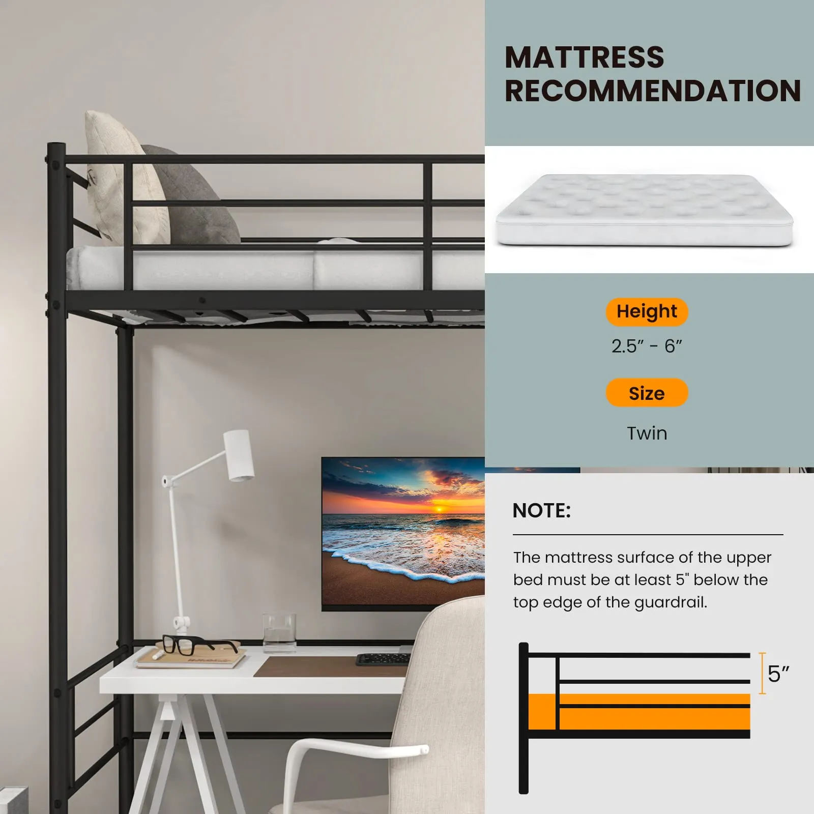 Giantex Metal Loft Bed Twin Size for Juniors & Adults, Loft Bed Frame with Ladder & Safety Guardrail (Black)