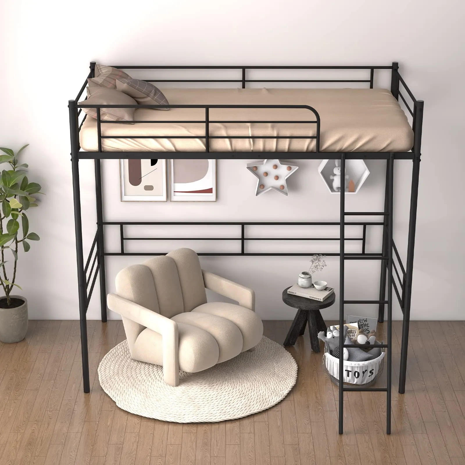 Giantex Metal Loft Bed Twin Size for Juniors & Adults, Loft Bed Frame with Ladder & Safety Guardrail (Black)