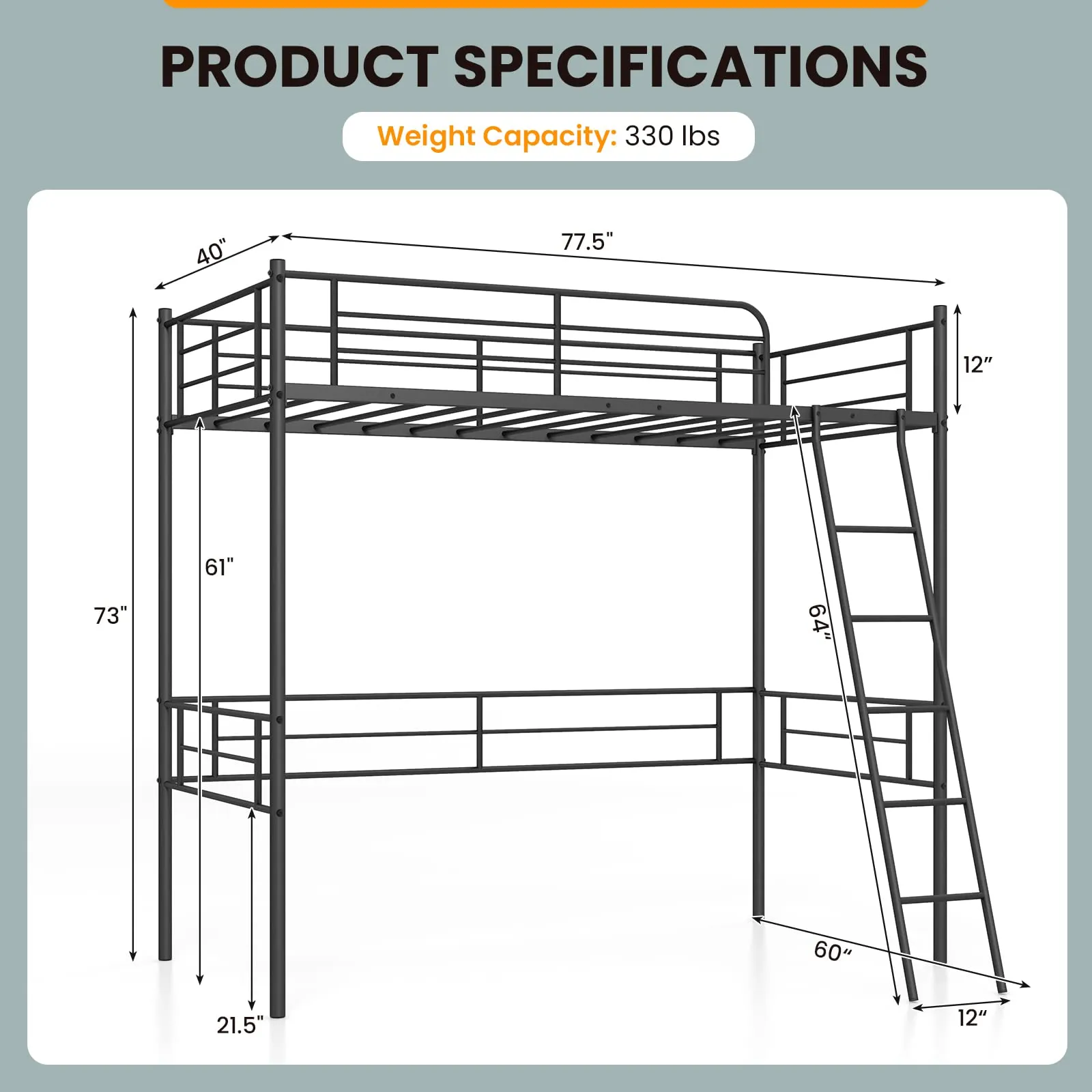 Giantex Metal Loft Bed Twin Size for Juniors & Adults, Loft Bed Frame with Ladder & Safety Guardrail (Black)