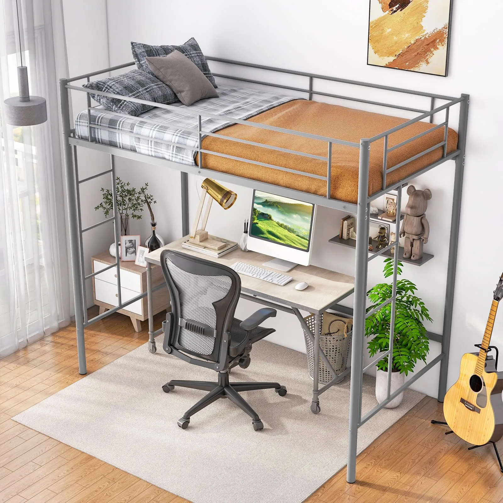 Giantex Metal Loft Bed Twin Size, Heavy Duty Metal Loft Bed Frame
