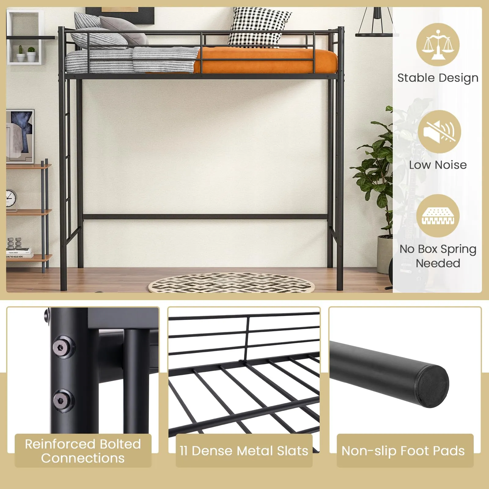 Giantex Metal Loft Bed Twin Size, Heavy Duty Metal Loft Bed Frame