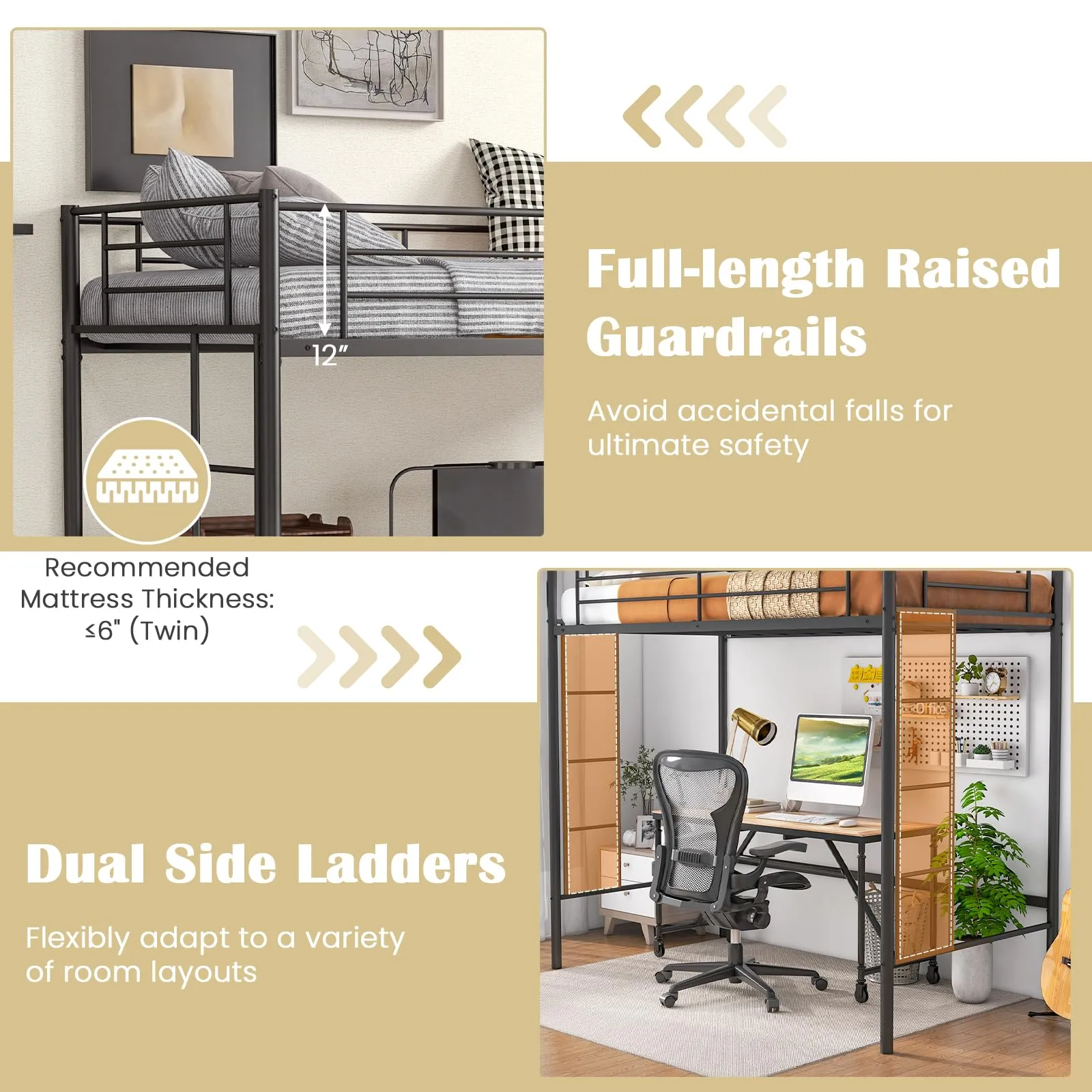 Giantex Metal Loft Bed Twin Size, Heavy Duty Metal Loft Bed Frame