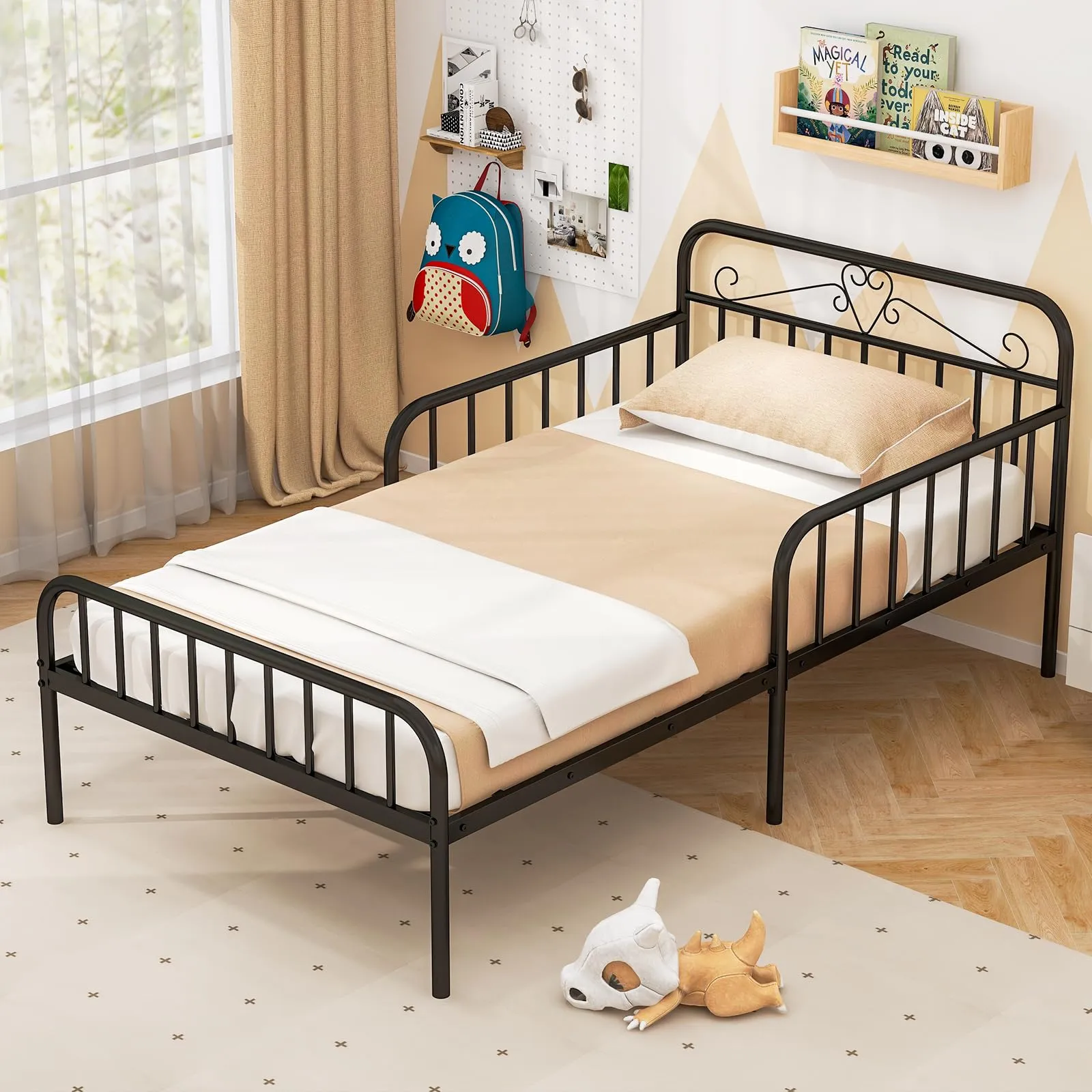 Giantex Metal Twin Bed Frames for Kids, Heavy Duty Metal Platform Bed Frame with Headboard & Safety Guardrails