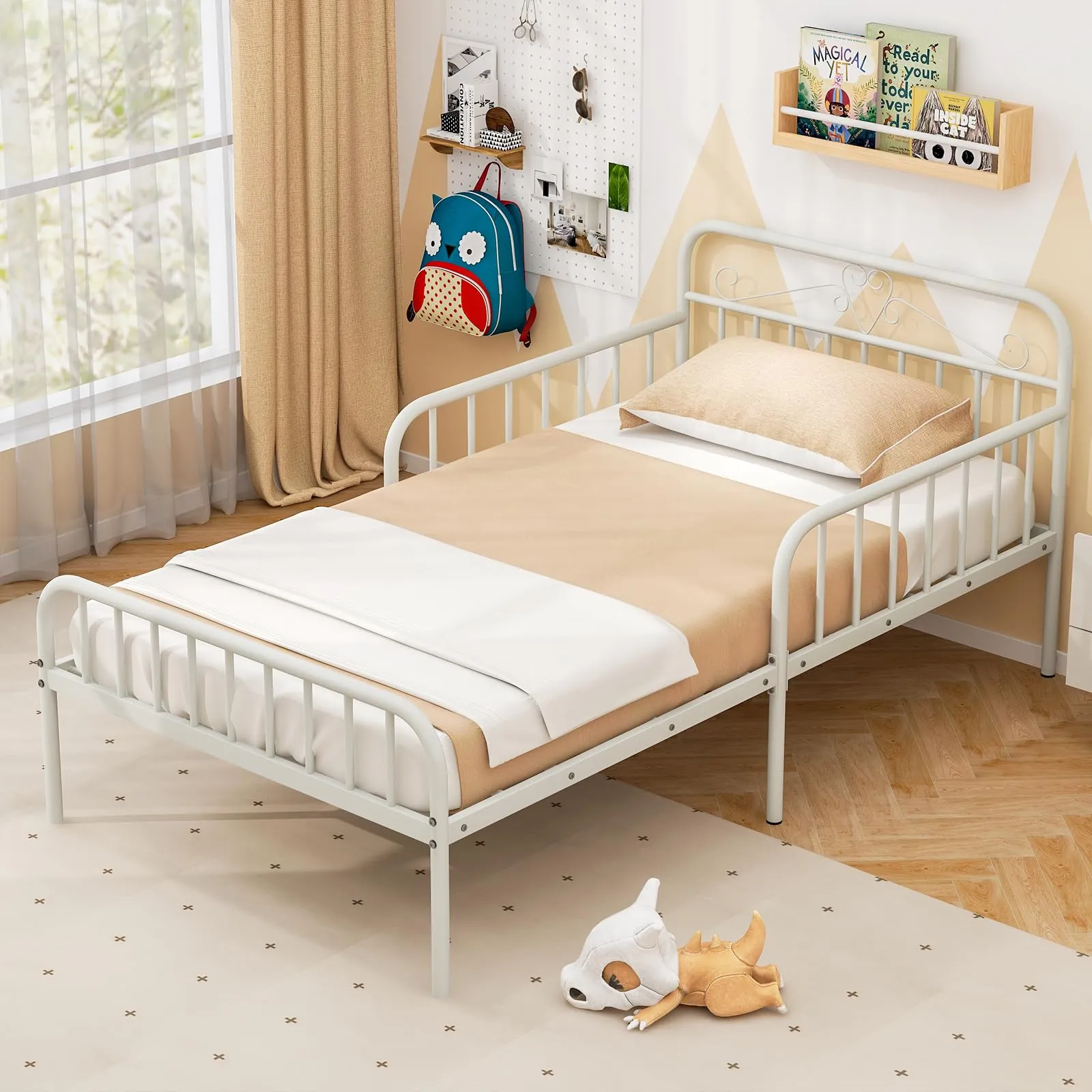 Giantex Metal Twin Bed Frames for Kids, Heavy Duty Metal Platform Bed Frame with Headboard & Safety Guardrails