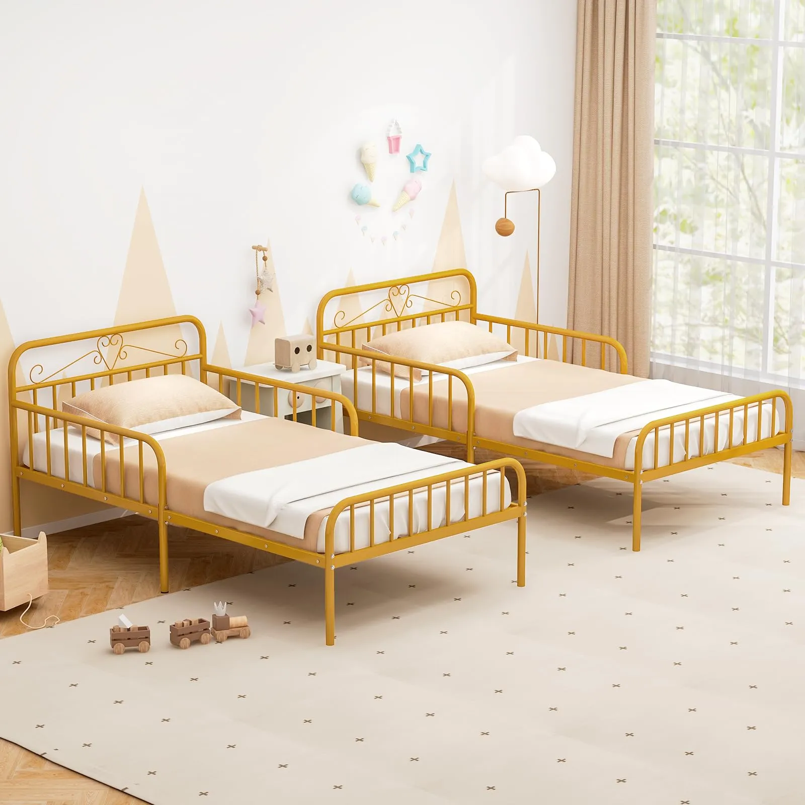 Giantex Metal Twin Bed Frames for Kids, Heavy Duty Metal Platform Bed Frame with Headboard & Safety Guardrails