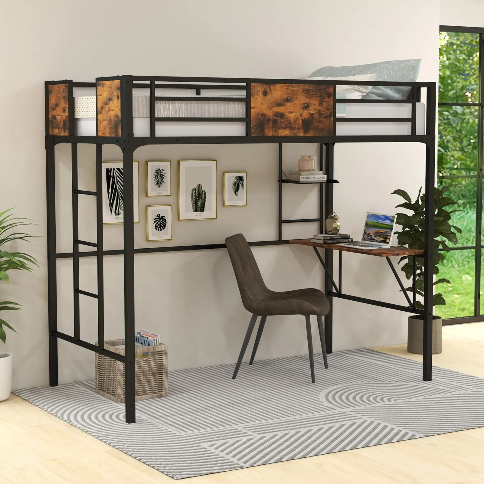 Giantex Metal Twin Loft Bed with Desk and Storage Shelf, Heavy Duty Loft Bed Frame with Build-in Ladder & Safety Guardrail