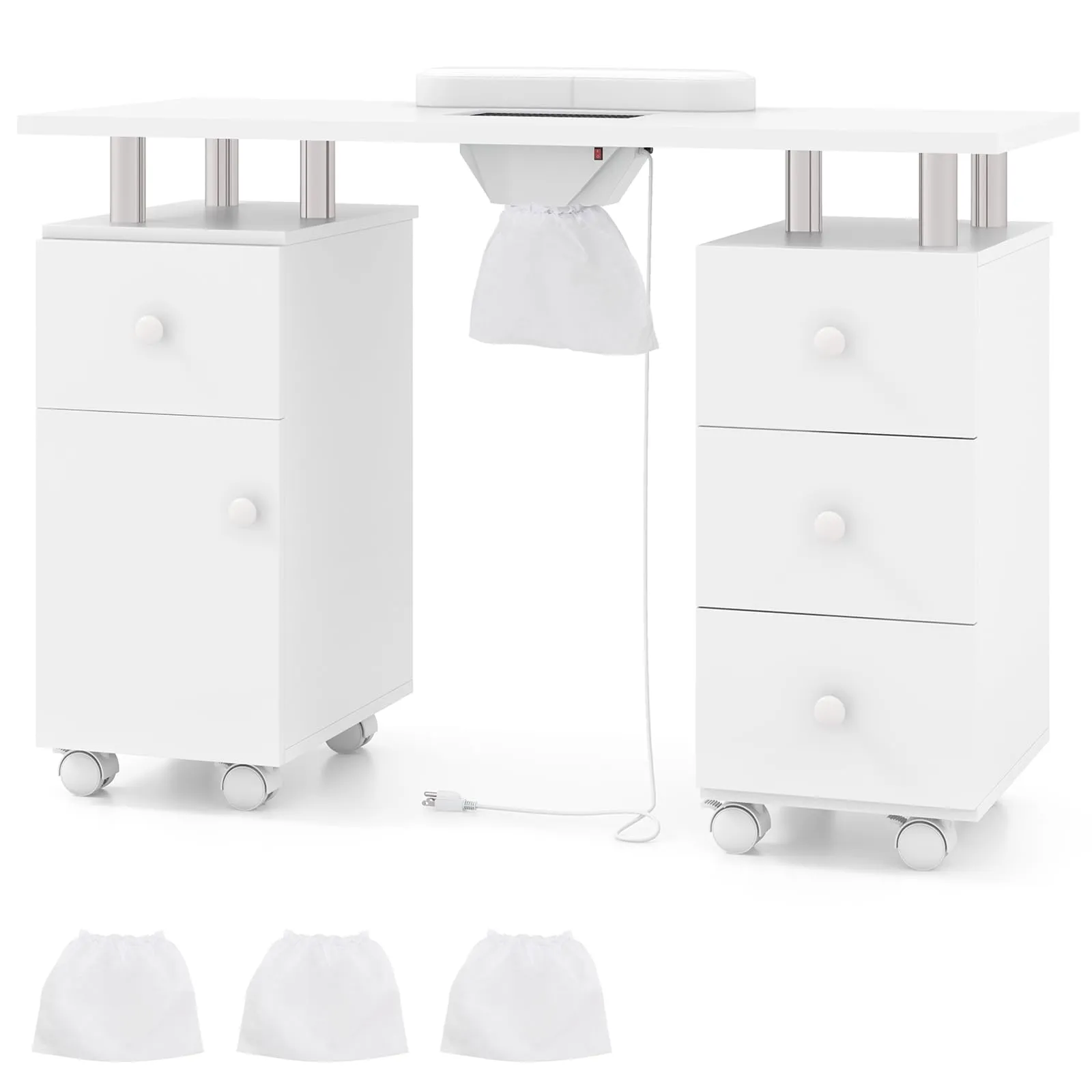 Giantex Nail Desk Manicure Table - Nail Table Station with Electric Dust Collector, 4 Drawers, Storage Cabinet folding chair, portable chair