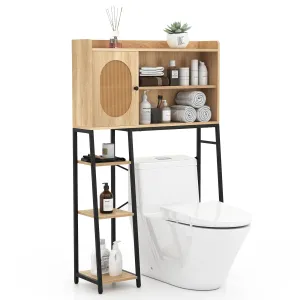 Giantex Over The Toilet Storage Cabinet, Freestanding Storage Organizer Above Toilet with PE Rattan Door and Adjustable Shelf bathroom organizer, toilet brush holder