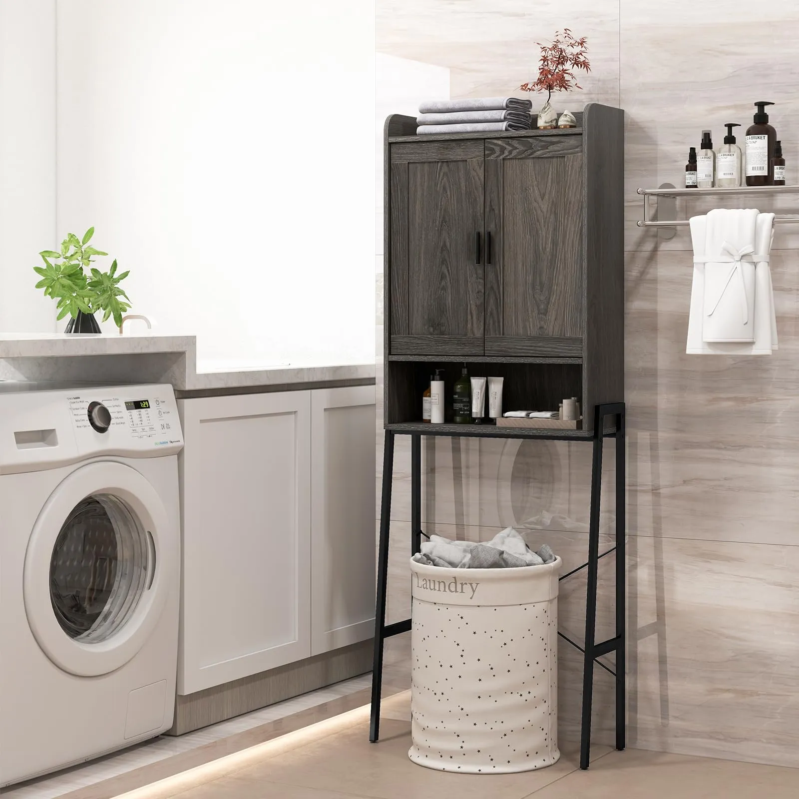 Giantex Over The Toilet Storage Cabinet, Industrial Bathroom Organizer w/Trapezoid Metal Frame