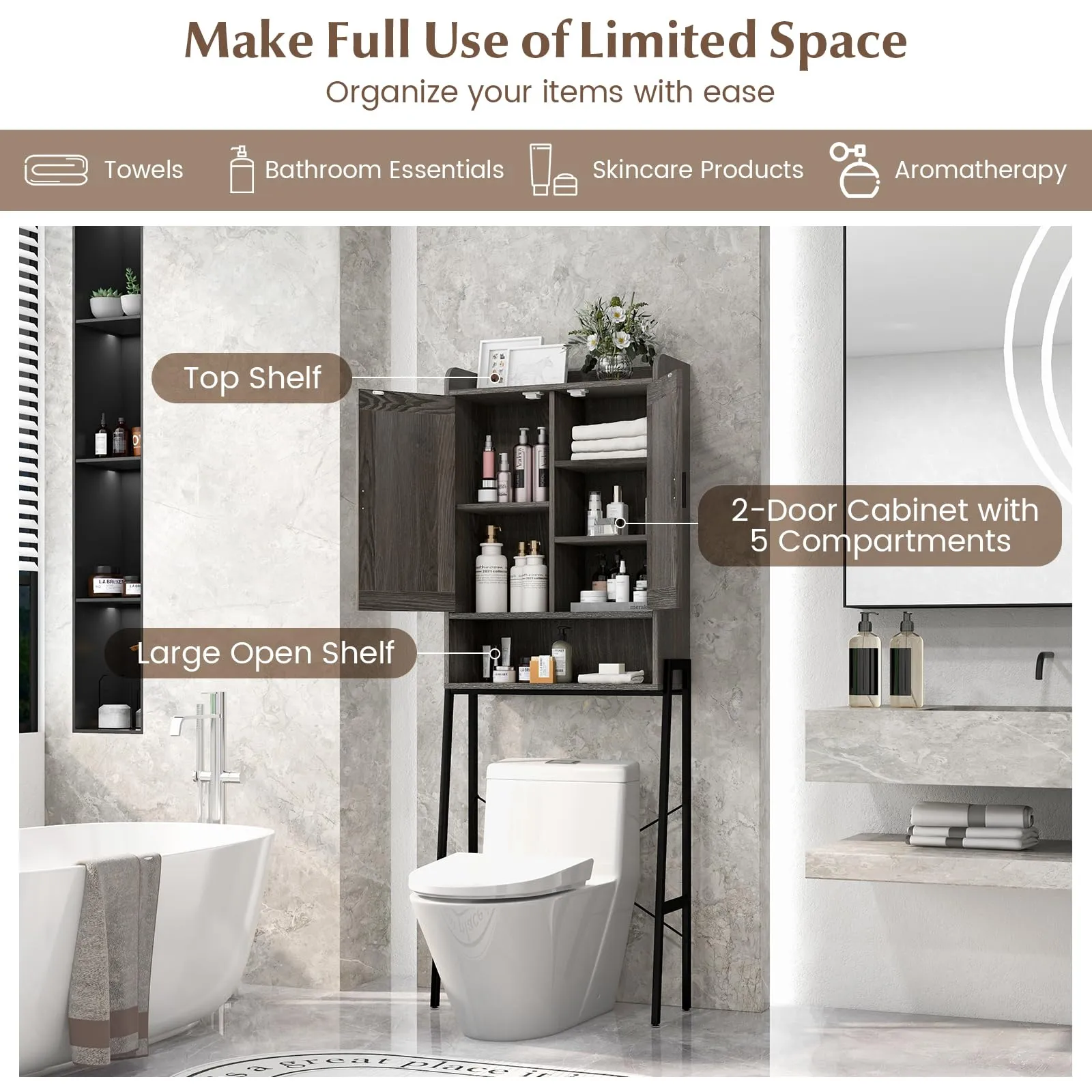 Giantex Over The Toilet Storage Cabinet, Industrial Bathroom Organizer w/Trapezoid Metal Frame