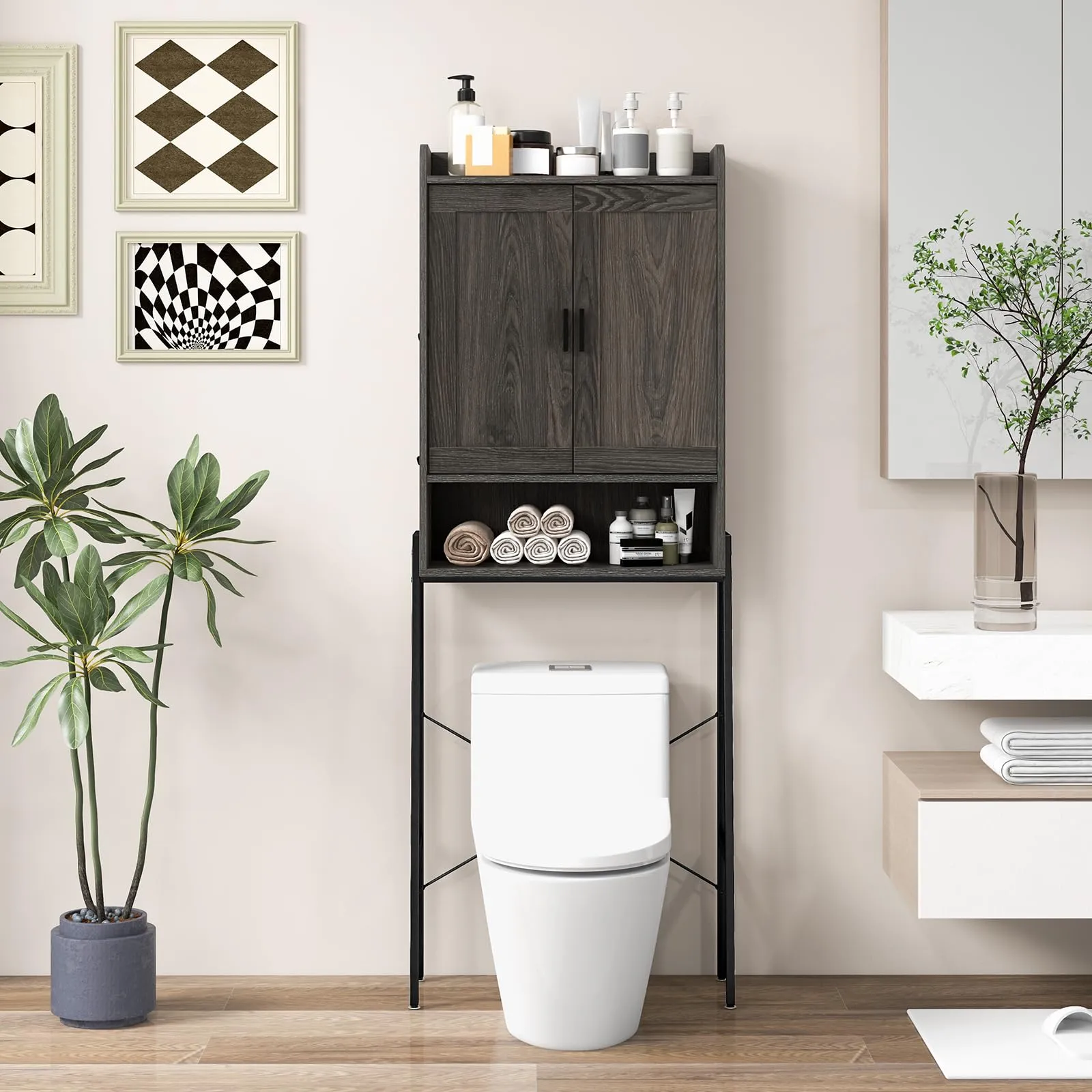 Giantex Over The Toilet Storage Cabinet, Industrial Bathroom Organizer w/Trapezoid Metal Frame