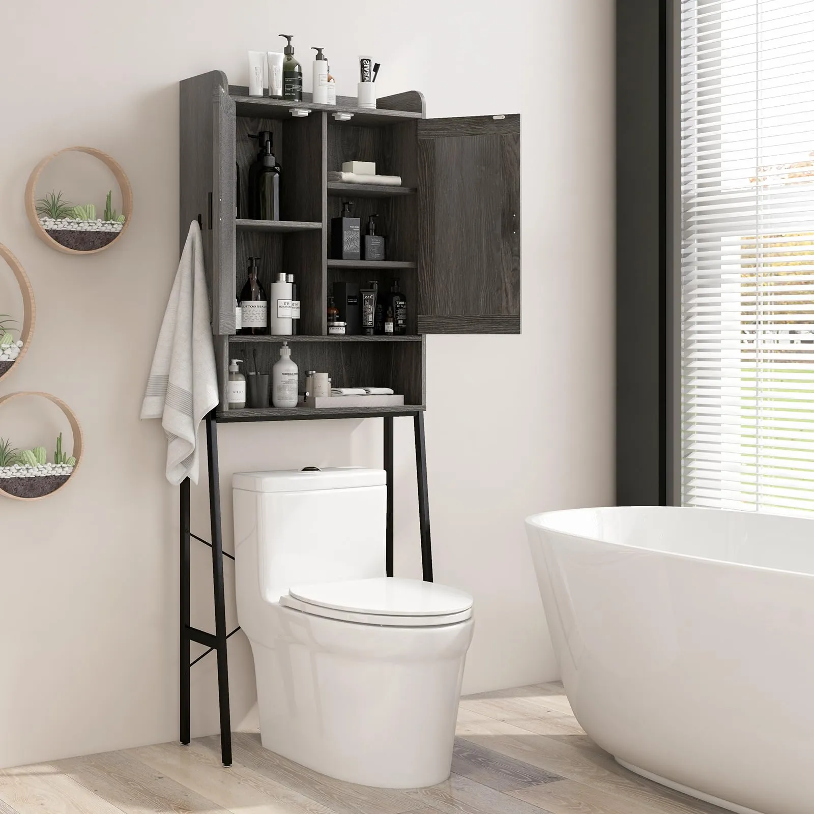 Giantex Over The Toilet Storage Cabinet, Industrial Bathroom Organizer w/Trapezoid Metal Frame