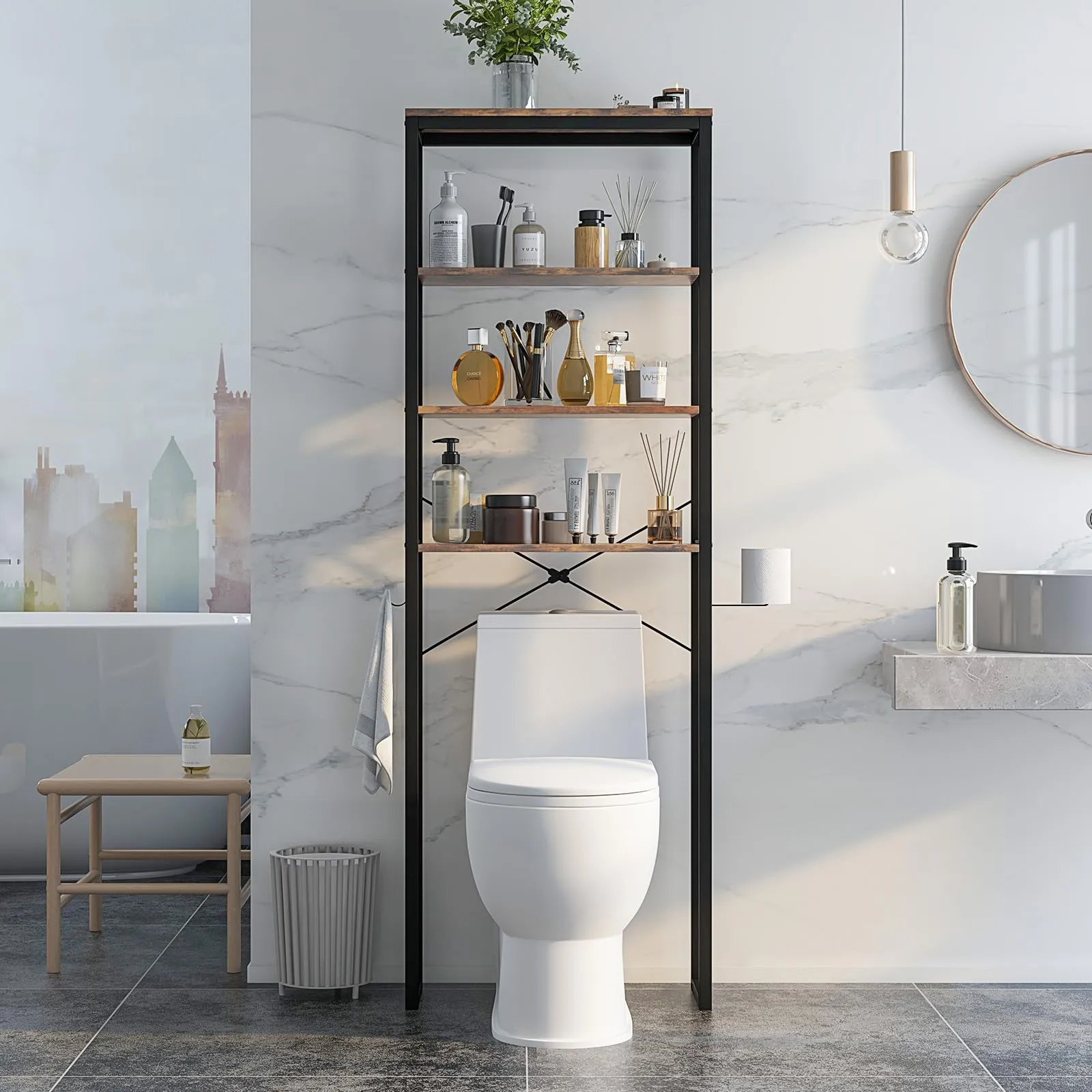 Giantex Over The Toilet Storage Rack, 4-Tier Wooden Bathroom Space Saver w/Metal Frame & 2 Hooks