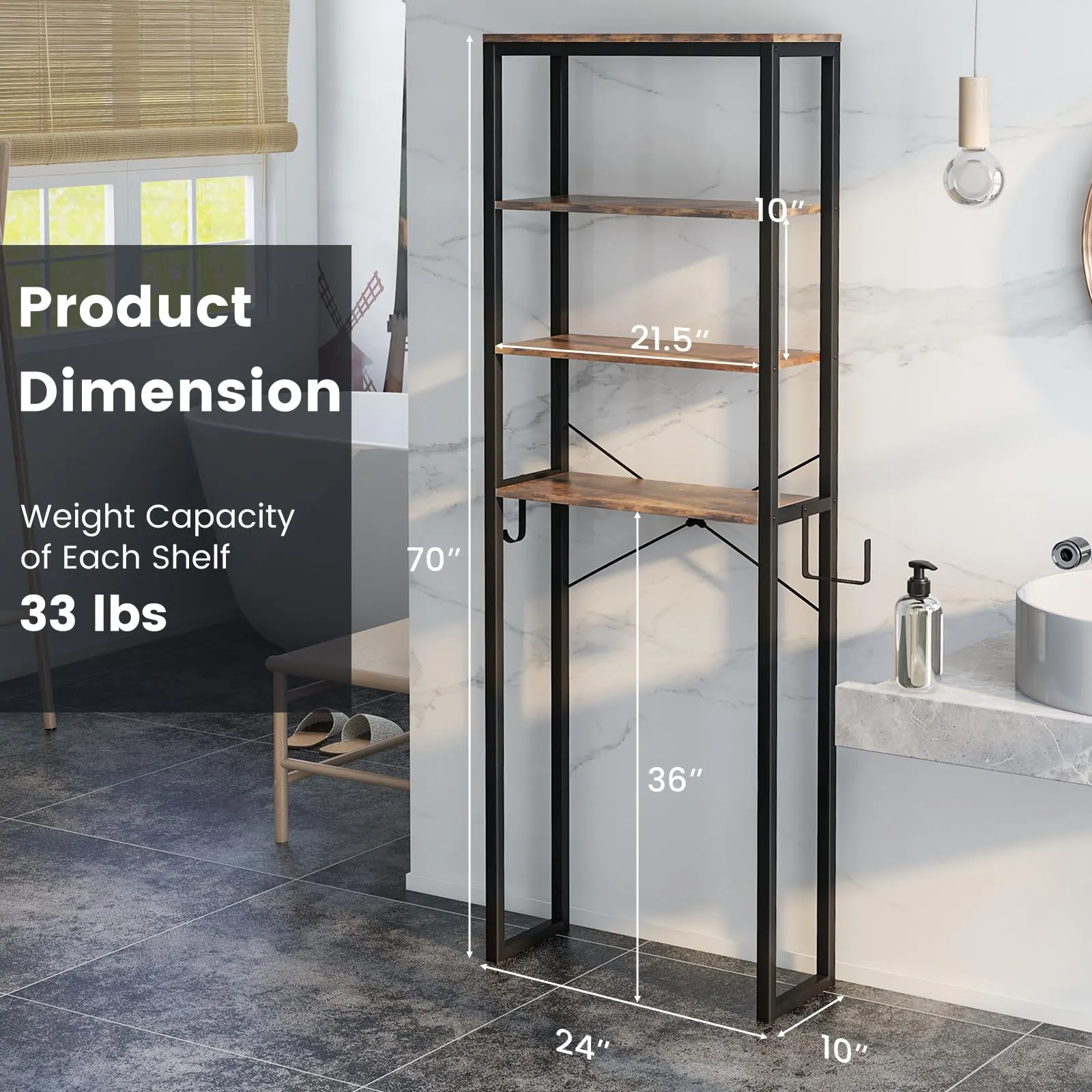 Giantex Over The Toilet Storage Rack, 4-Tier Wooden Bathroom Space Saver w/Metal Frame & 2 Hooks