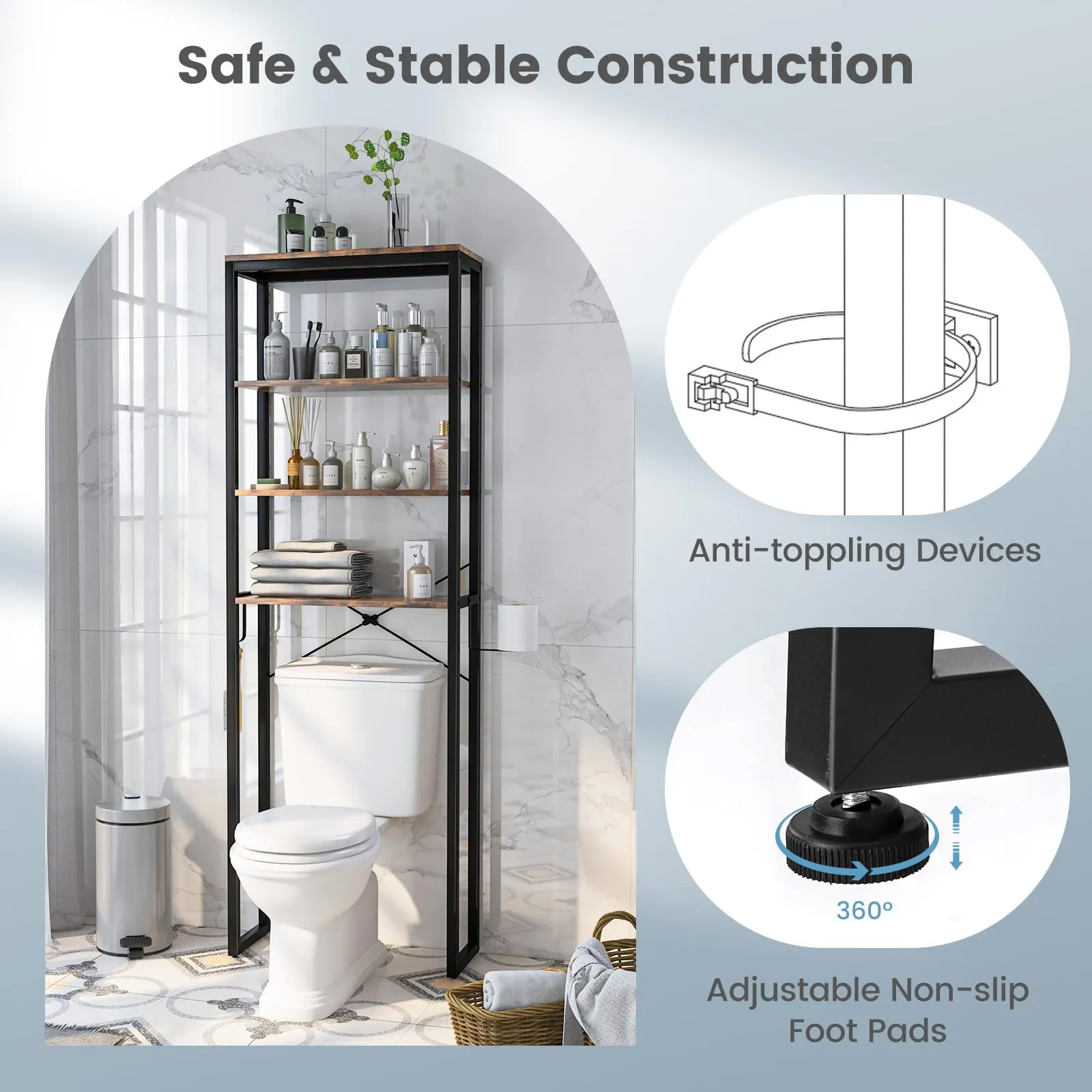 Giantex Over The Toilet Storage Rack, 4-Tier Wooden Bathroom Space Saver w/Metal Frame & 2 Hooks