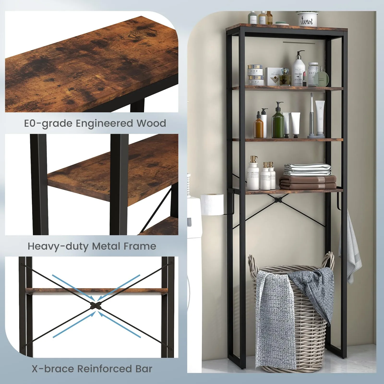Giantex Over The Toilet Storage Rack, 4-Tier Wooden Bathroom Space Saver w/Metal Frame & 2 Hooks
