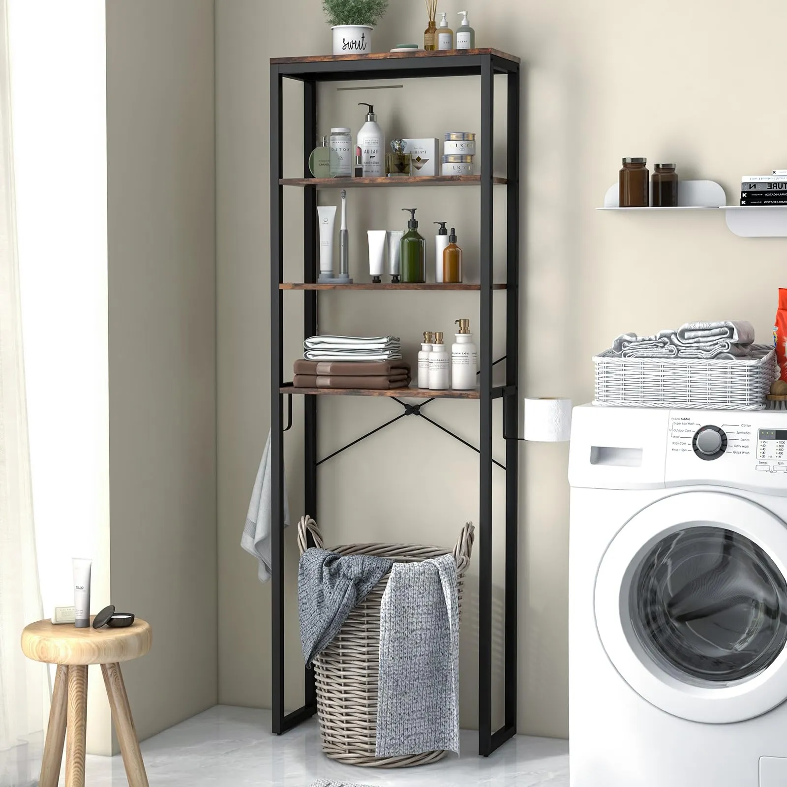 Giantex Over The Toilet Storage Rack, 4-Tier Wooden Bathroom Space Saver w/Metal Frame & 2 Hooks