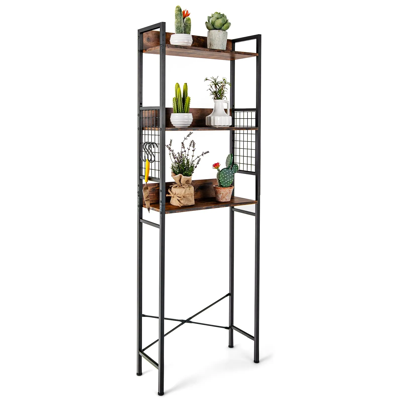 Giantex Over-The-Toilet Storage Shelf, 3-Tier Bathroom Space Saver with 3 Hooks (Rustic Brown) bathroom organizer, toilet brush holder