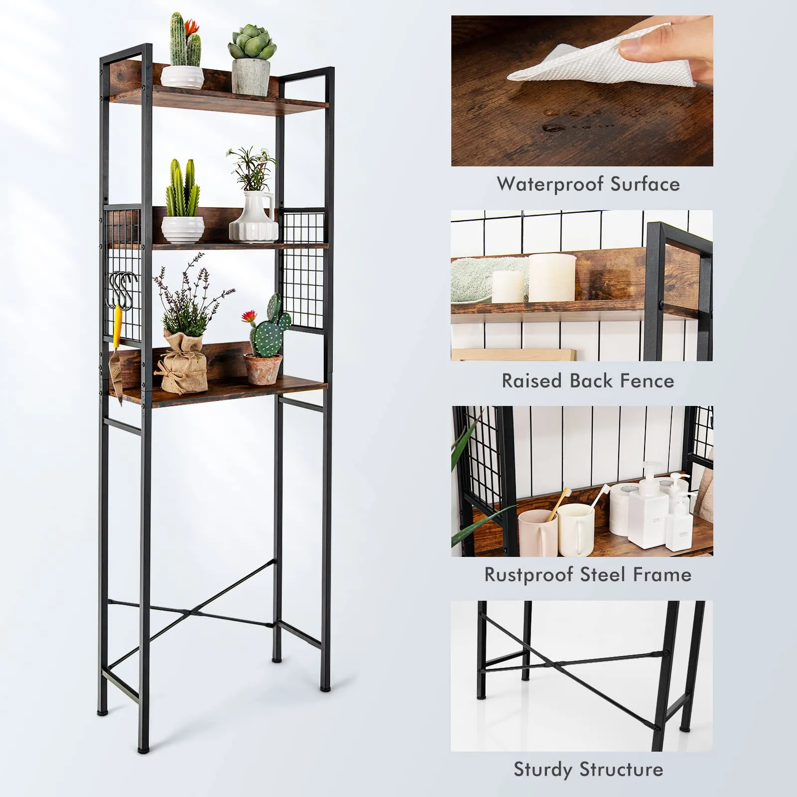 Giantex Over-The-Toilet Storage Shelf, 3-Tier Bathroom Space Saver with 3 Hooks (Rustic Brown)