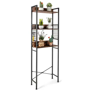 Giantex Over-The-Toilet Storage Shelf, 3-Tier Bathroom Space Saver with 3 Hooks (Rustic Brown) bathroom organizer, toilet brush holder