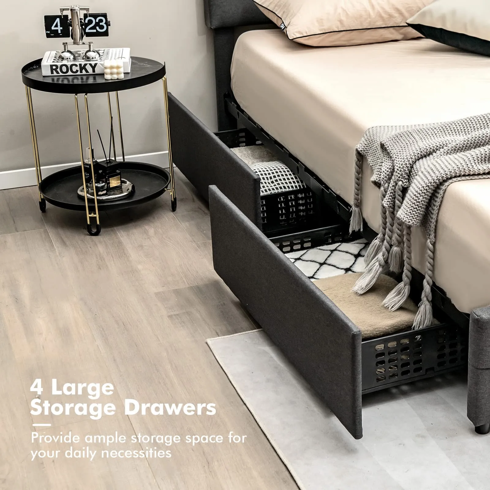 Giantex Queen Bed Frame with LED Lights and 4 Drawers, Upholstered Platform Bed Frame with USB Ports