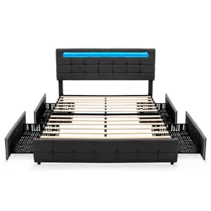 Giantex Queen Bed Frame with LED Lights and 4 Drawers, Upholstered Platform Bed Frame with USB Ports bed frame, queen bed