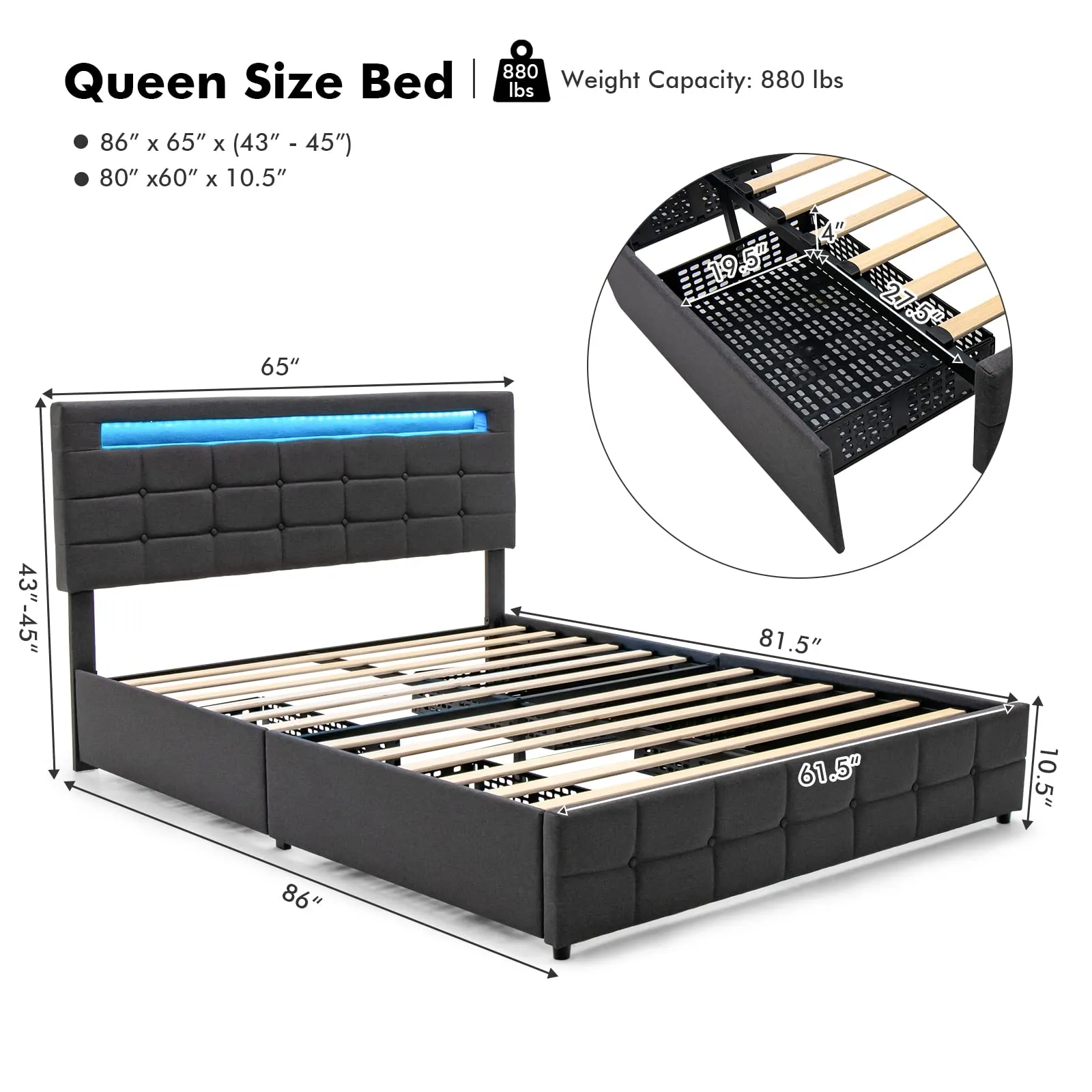 Giantex Queen Bed Frame with LED Lights and 4 Drawers, Upholstered Platform Bed Frame with USB Ports