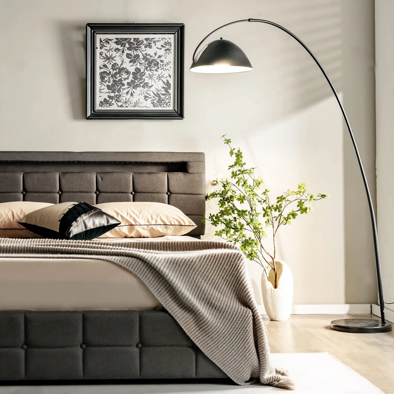 Giantex Queen Bed Frame with LED Lights and 4 Drawers, Upholstered Platform Bed Frame with USB Ports