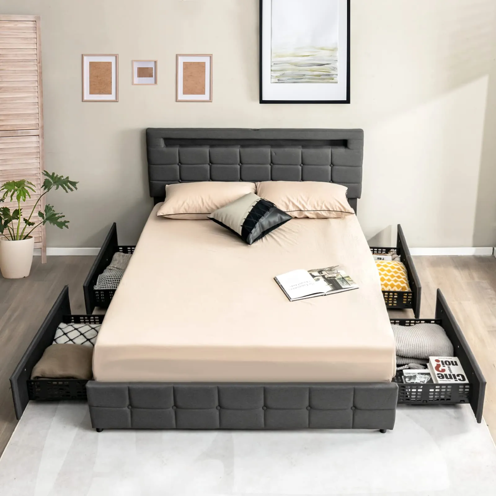 Giantex Queen Bed Frame with LED Lights and 4 Drawers, Upholstered Platform Bed Frame with USB Ports