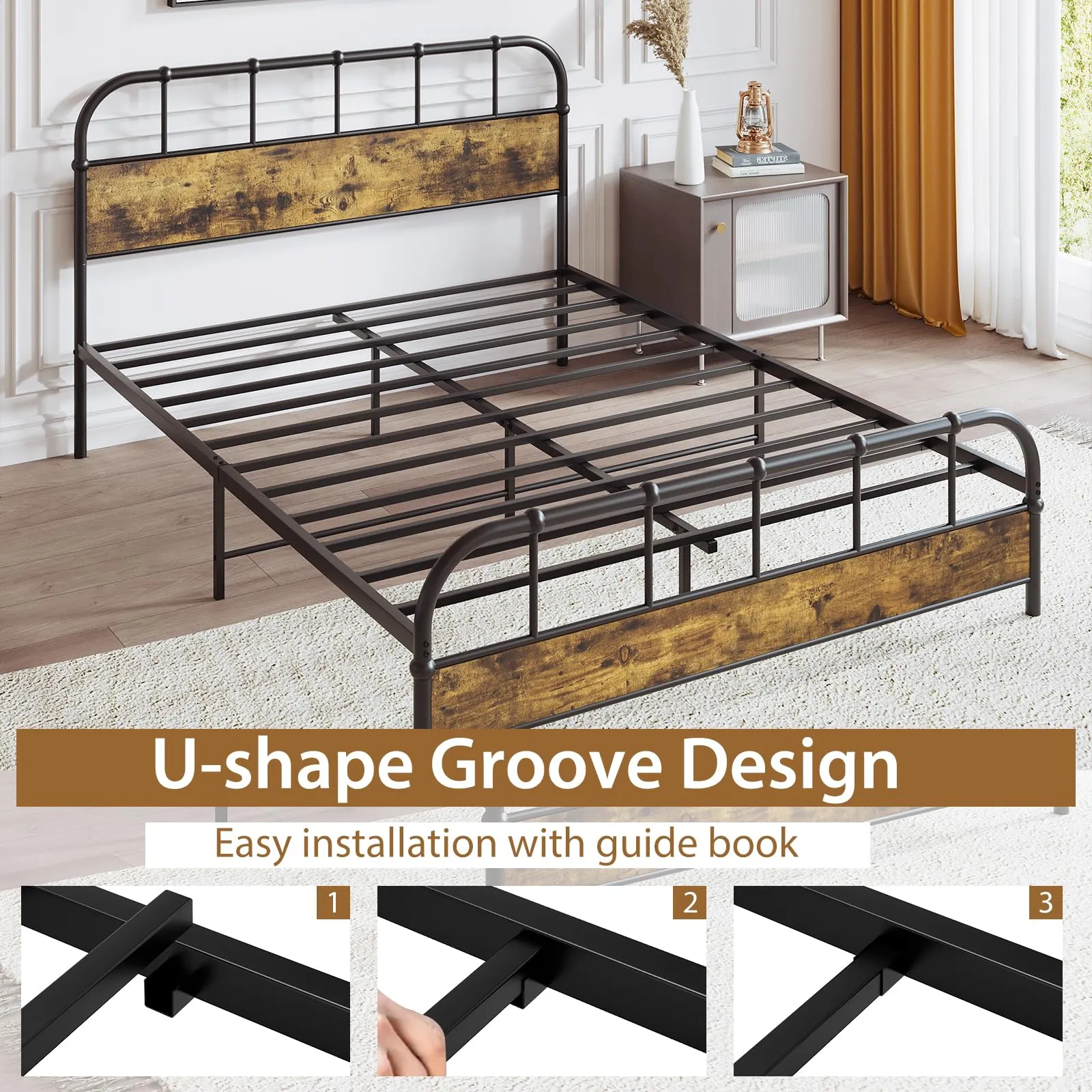 Giantex Queen Size Metal Bed Frame with Wood Headboard, Industrial Platform Bed Frame with Heavy Duty Metal Slat