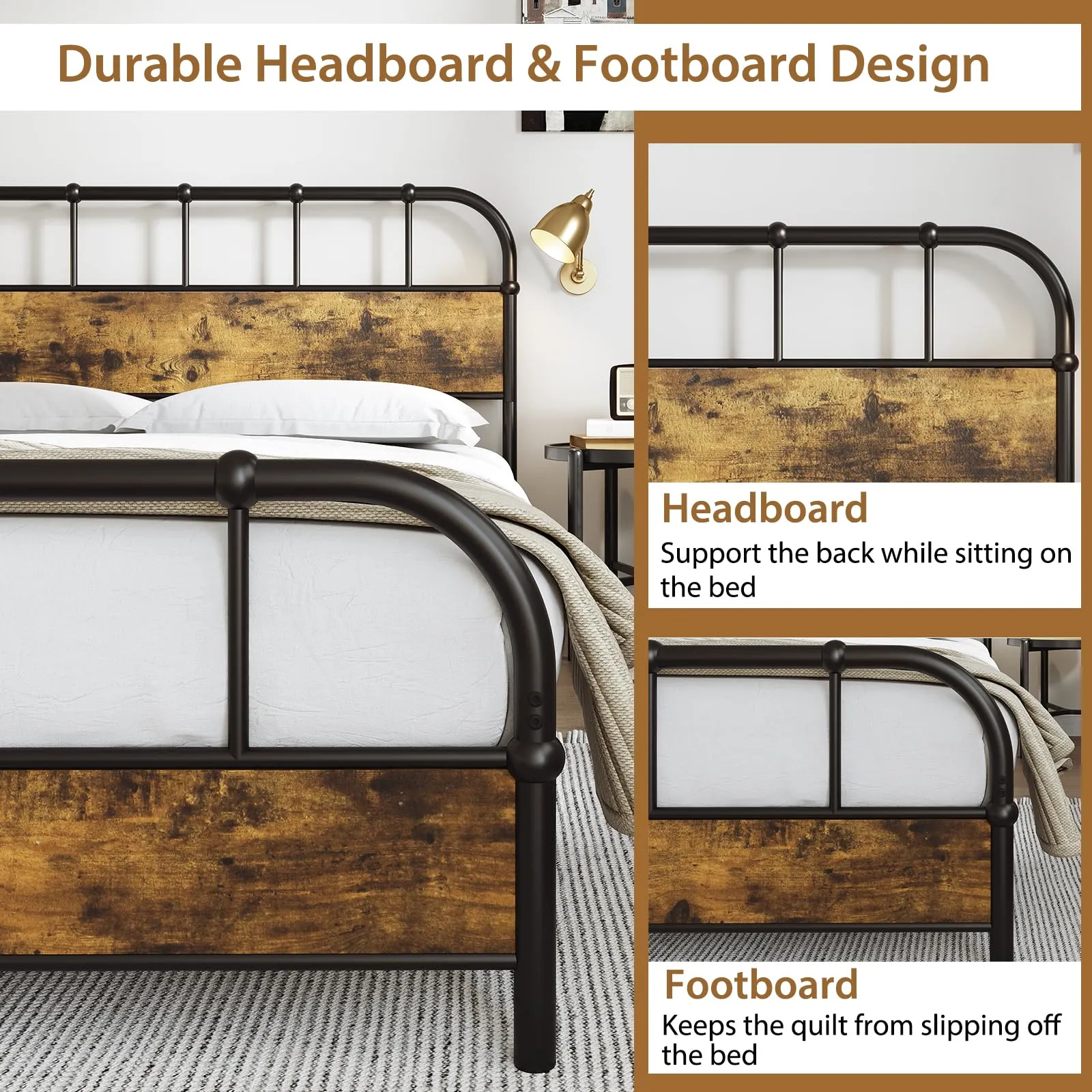 Giantex Queen Size Metal Bed Frame with Wood Headboard, Industrial Platform Bed Frame with Heavy Duty Metal Slat