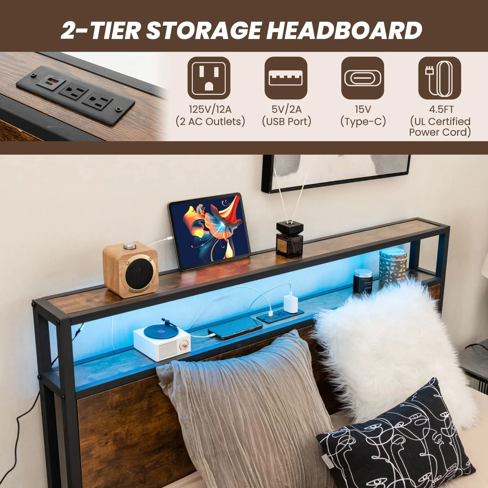Giantex Queen/Full Bed Frame with LED Lights Headboard and 4 Storage Drawers