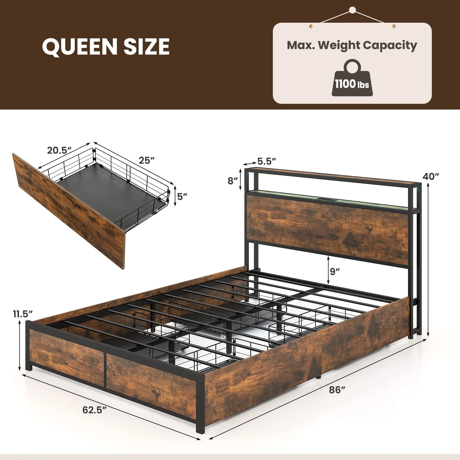 Giantex Queen/Full Bed Frame with LED Lights Headboard and 4 Storage Drawers