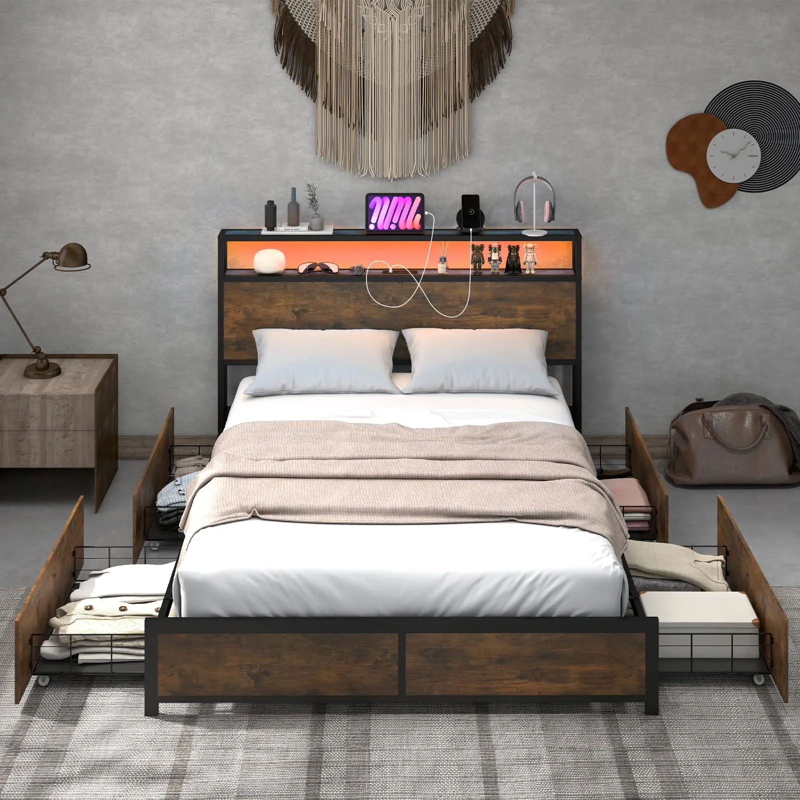 Giantex Queen/Full Bed Frame with LED Lights Headboard and 4 Storage Drawers