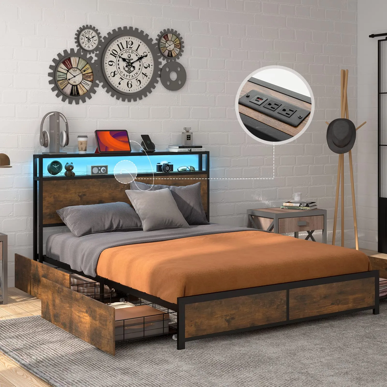 Giantex Queen/Full Bed Frame with LED Lights Headboard and 4 Storage Drawers