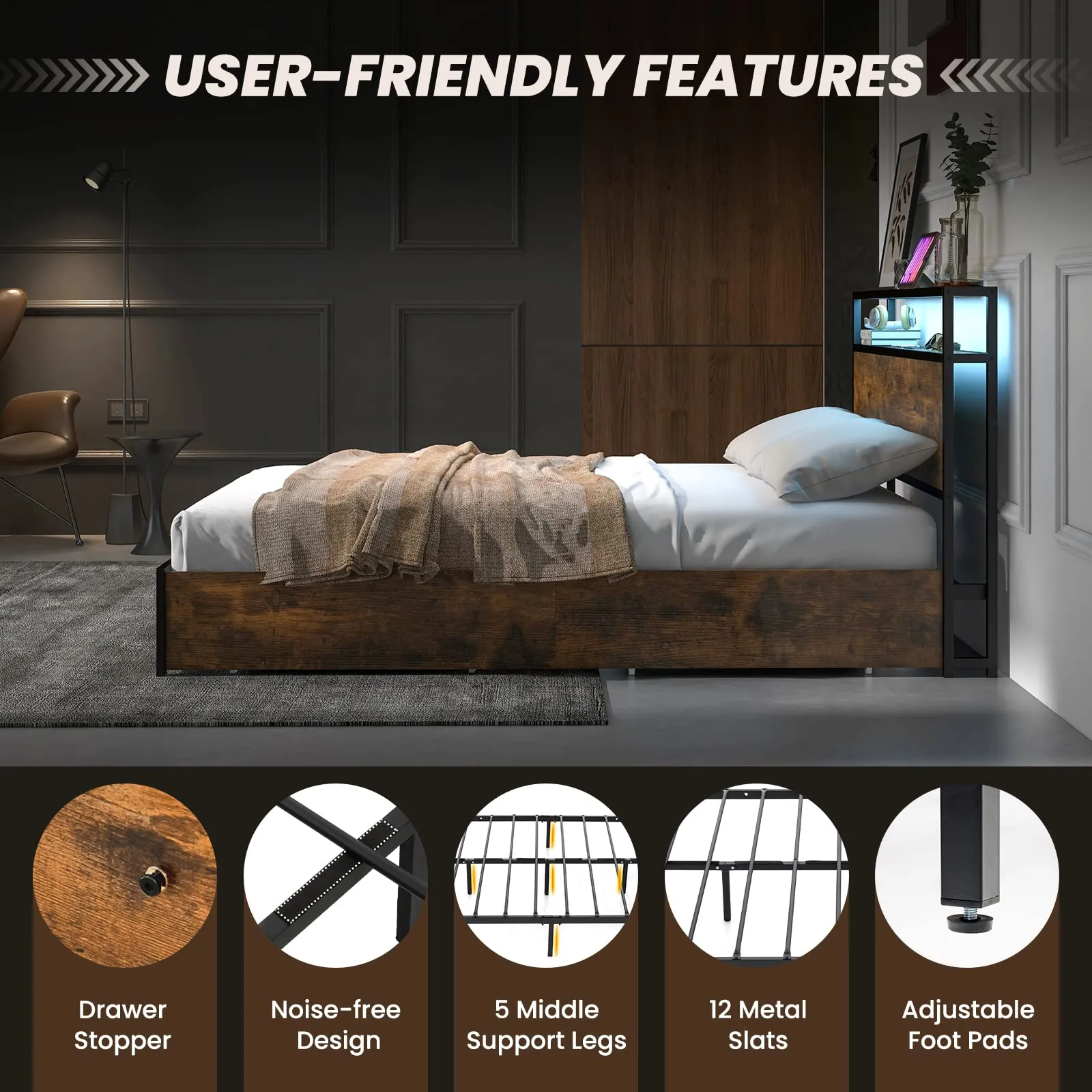 Giantex Queen/Full Bed Frame with LED Lights Headboard and 4 Storage Drawers