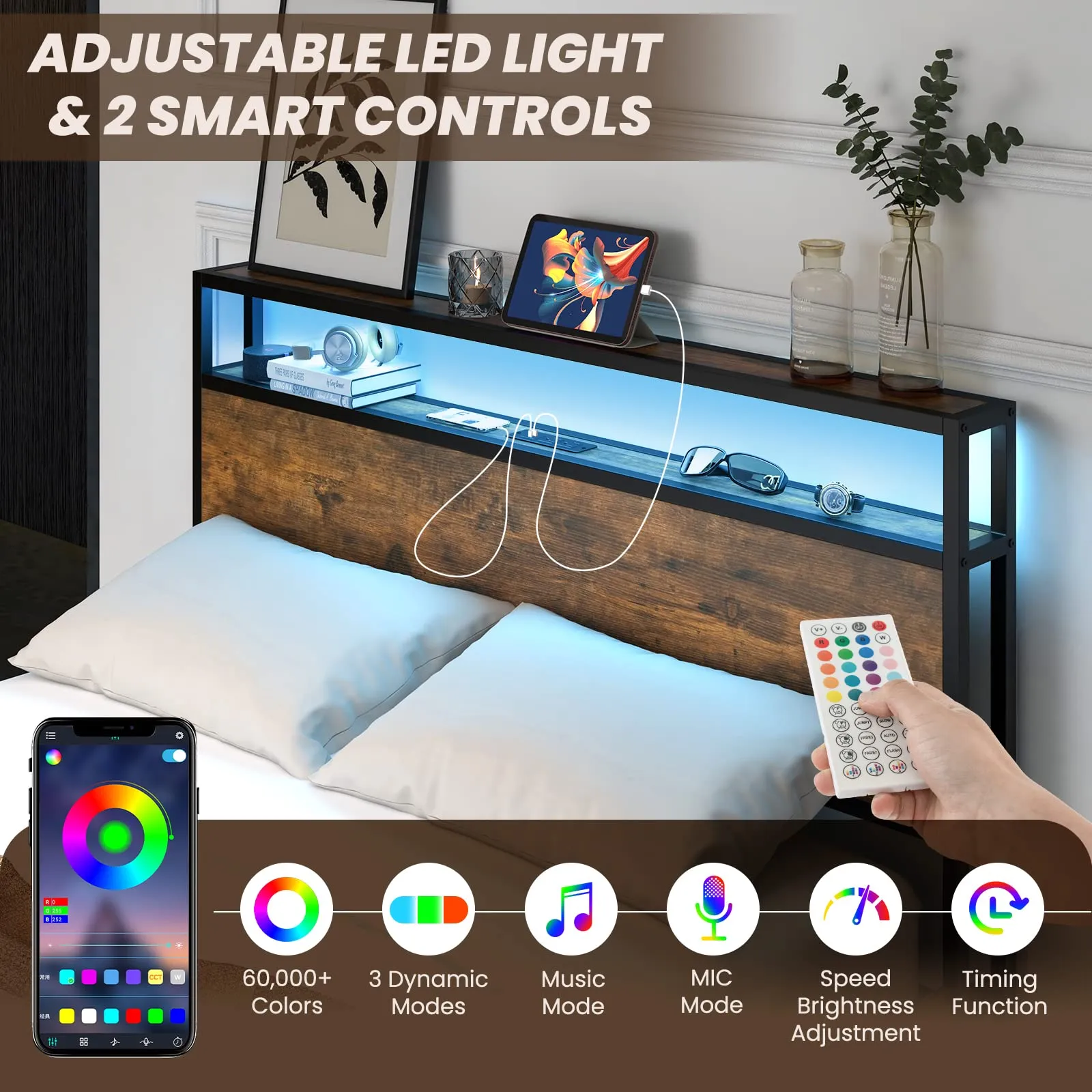 Giantex Queen/Full Bed Frame with LED Lights Headboard and 4 Storage Drawers