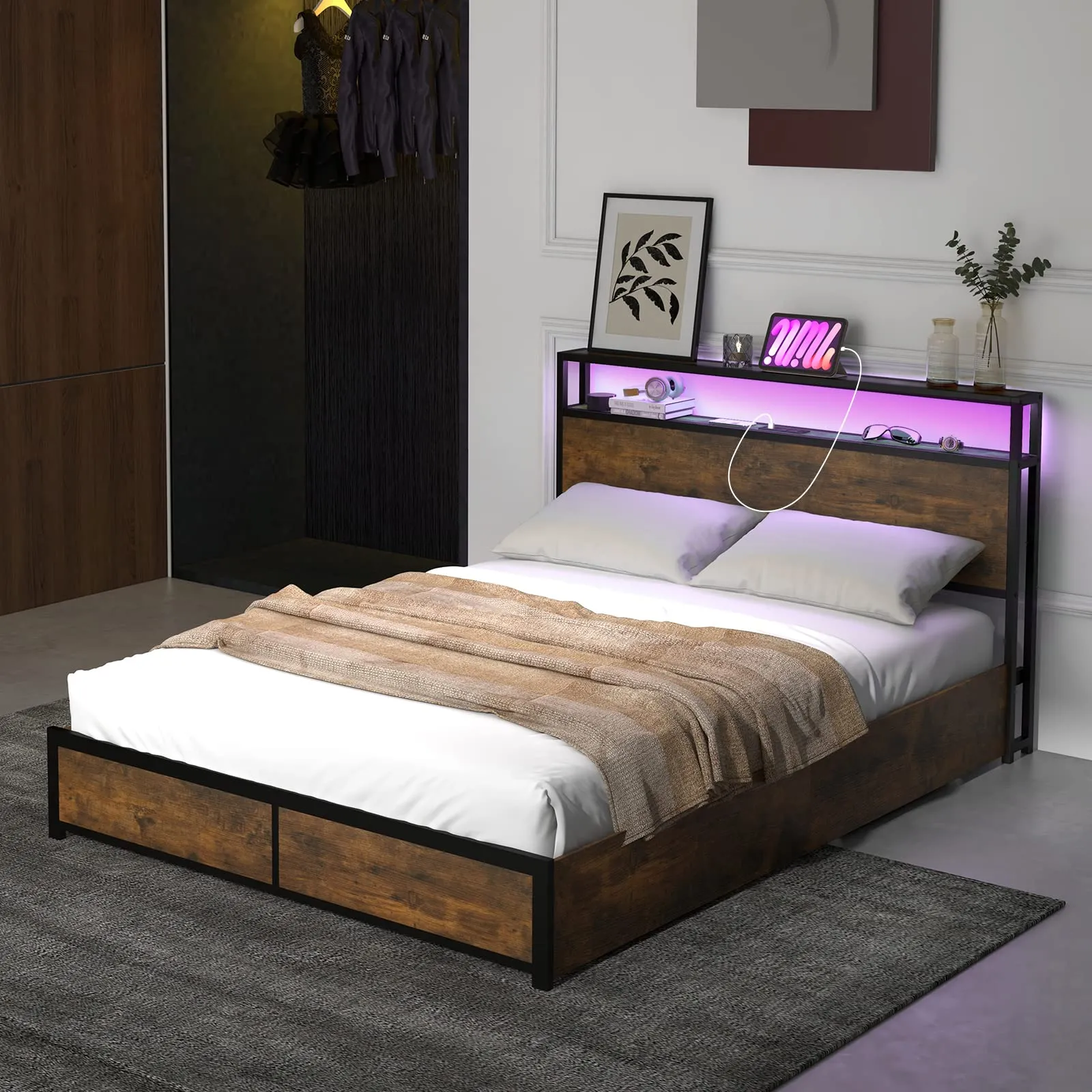 Giantex Queen/Full Bed Frame with LED Lights Headboard and 4 Storage Drawers